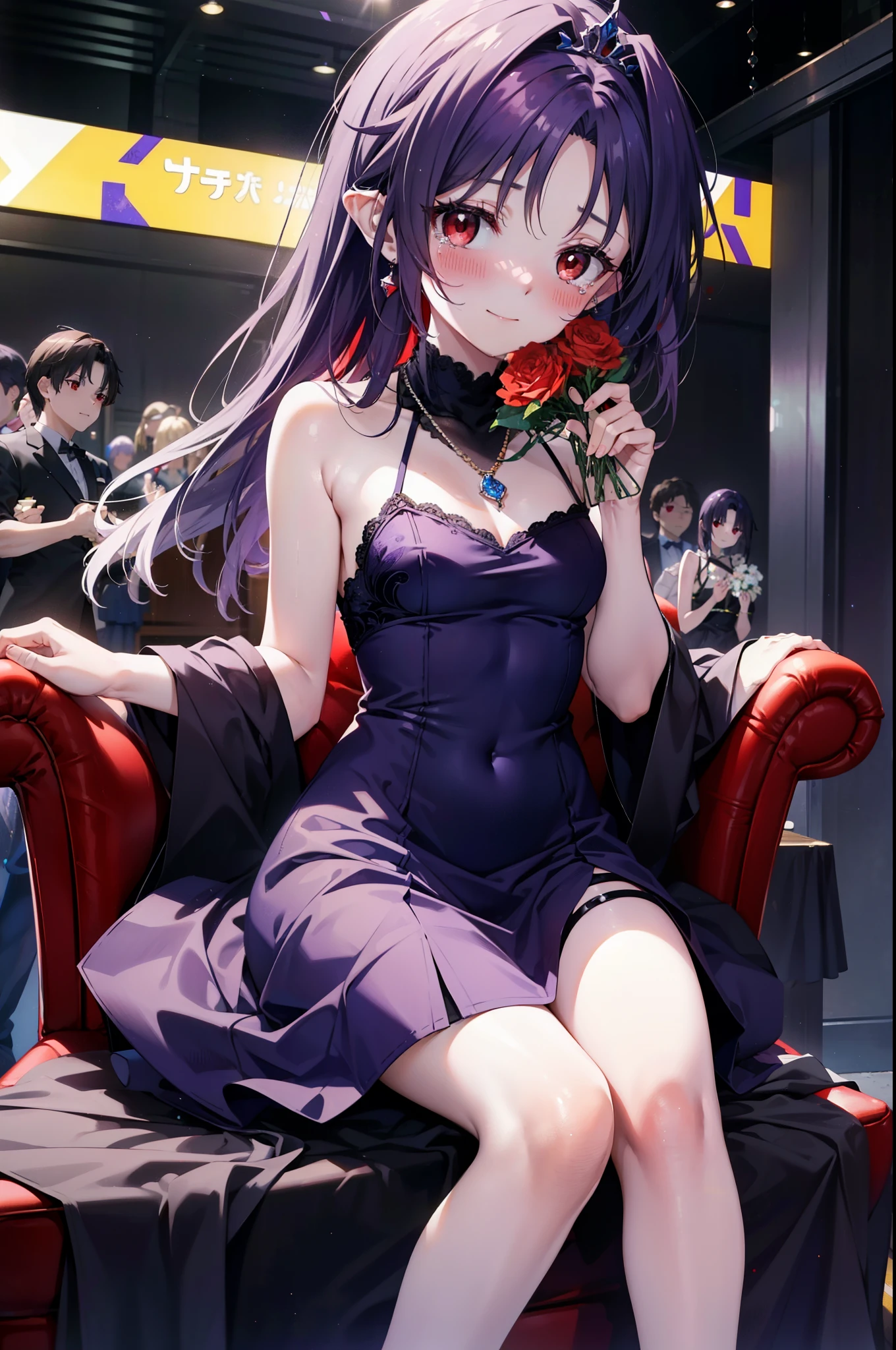yuukikonno, Yuki Konno,Long Hair, tiara,Pointed Ears, Purple Hair, (Red eyes:1.5), (Small breasts:1.2), smile,Purple Dress,Purple long skirt,purple stiletto heels,Sleeveless,Expose your shoulders,Bare arms,Bare neck,bare clavicle,She is sitting in a chair with a large bouquet of flowers in both hands..,There is a big cake on the table,Heart Necklace,Tears stream down her face,Tears of joy,I cry a lot,whole bodyがイラストに入るように,
break indoors, Party Venue,on stage,
break looking at viewer, whole body,
break (masterpiece:1.2), highest quality, High resolution, unity 8k wallpaper, (shape:0.8), (Beautiful details:1.6), Highly detailed face, Perfect lighting, Extremely detailed CG, (Perfect hands, Perfect Anatomy),