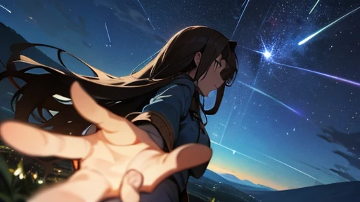 night,Starry Sky,Meteor Showers,Mountaintop Observatory,First-person perspective,The protagonist extends his right hand,A girl with long brown hair,The two fingers interlocked,Girl's shy expression