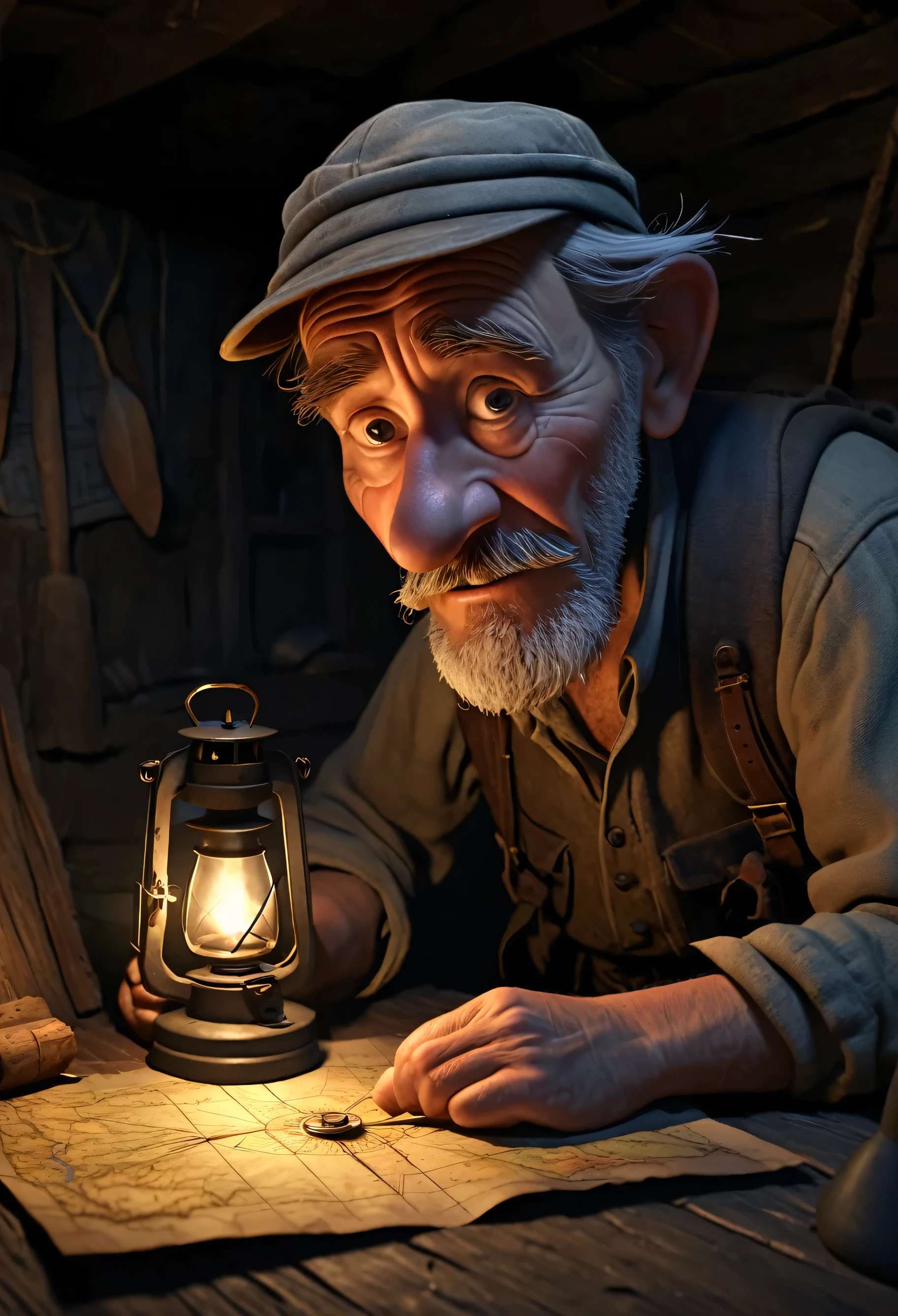 Close-up. 3/4 view. Caricature, funny illustration. The old traveler packs the essentials (map, compass, provisions), his weathered face showing determination. We are in a dark room of a dilapidated hut by candlelight. Lots of details. In hyper-realistic 8K, Ultra HD, Disney Pixar, Cinema 4D style. Blurred background, slight haze.