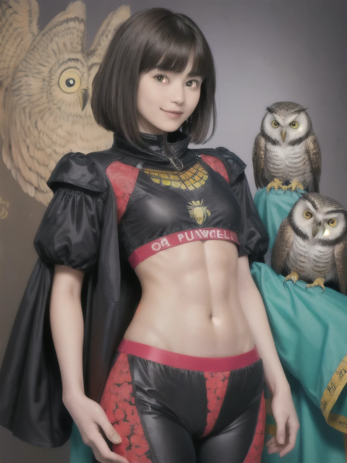 224 Short Hair, 20-year-old woman, A kind smile, (There are also colorful owls), (Rembrandt-style painting), ((machinery suit,Clothes with short sleeves)),I can see your abs