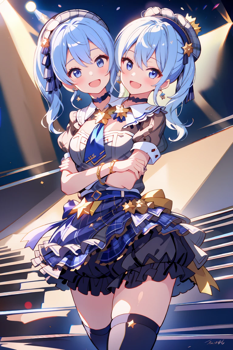 (masterpiece, best quality), best resolution, 16k, (2heads:1.5), dynamic angle, 1girl, HoshimachiSuisei, side ponytail, blue hair ribbon, SuiseiBase, plaid beret, crown, blue star choker, star earrings, blue ascot, plaid jacket, plaid skirt, layered skirt, partially fingerless gloves, star bracelet, uneven legwear, thigh strap, standing, cheek to cheek, (own hands together, own hands clasped), smile, open mouth, singing, look at viewer, happy, stable, concert stage, starfield, spotlight