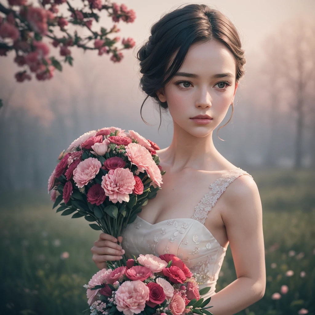 woman, beautiful award-winning portrait, upper body, perfect face, wearing a graceful floral dress, outdoors, holding a delicately arranged bouquet of tiny red and pink carnations, minimalist composition, very dramatic lighting, in wes styleanderson, pointers from david lynch, rule of thirds,hasselblad x2d, portrait lens, magical atmosphere