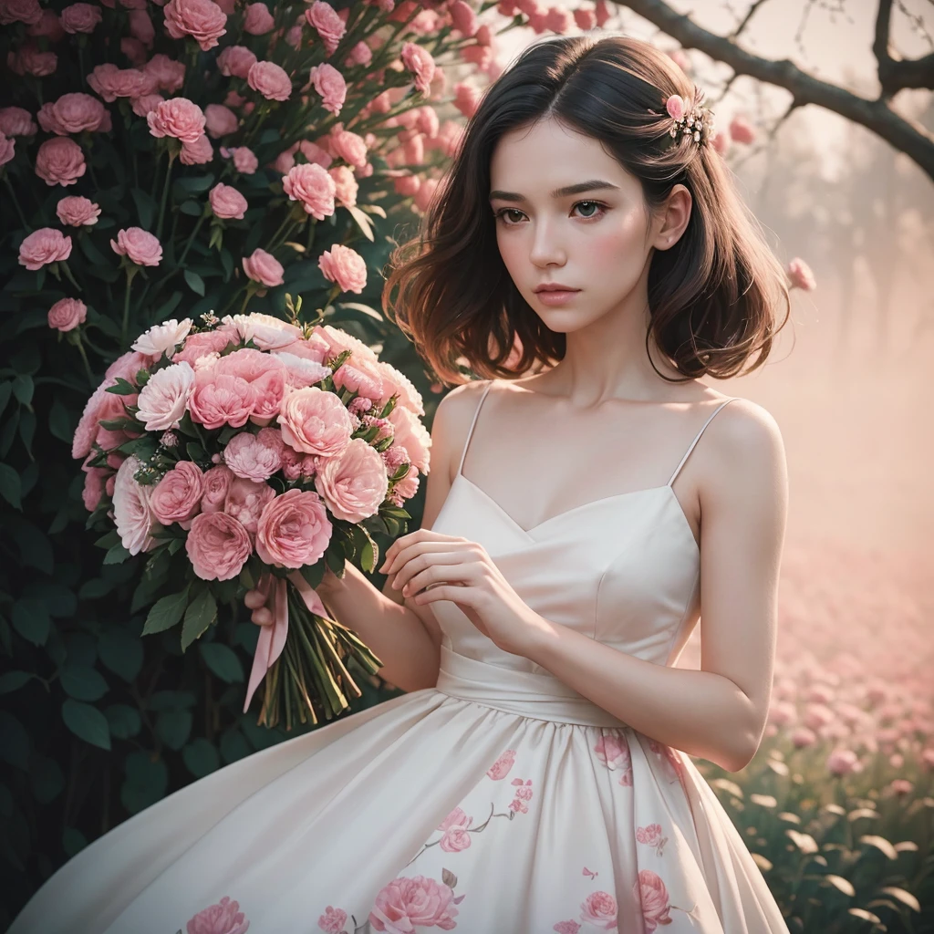 woman, beautiful award-winning portrait, upper body, perfect face, wearing a graceful floral dress, outdoors, holding a delicately arranged bouquet of tiny red and pink carnations, minimalist composition, very dramatic lighting, in wes styleanderson, pointers from david lynch, rule of thirds,hasselblad x2d, portrait lens, magical atmosphere
