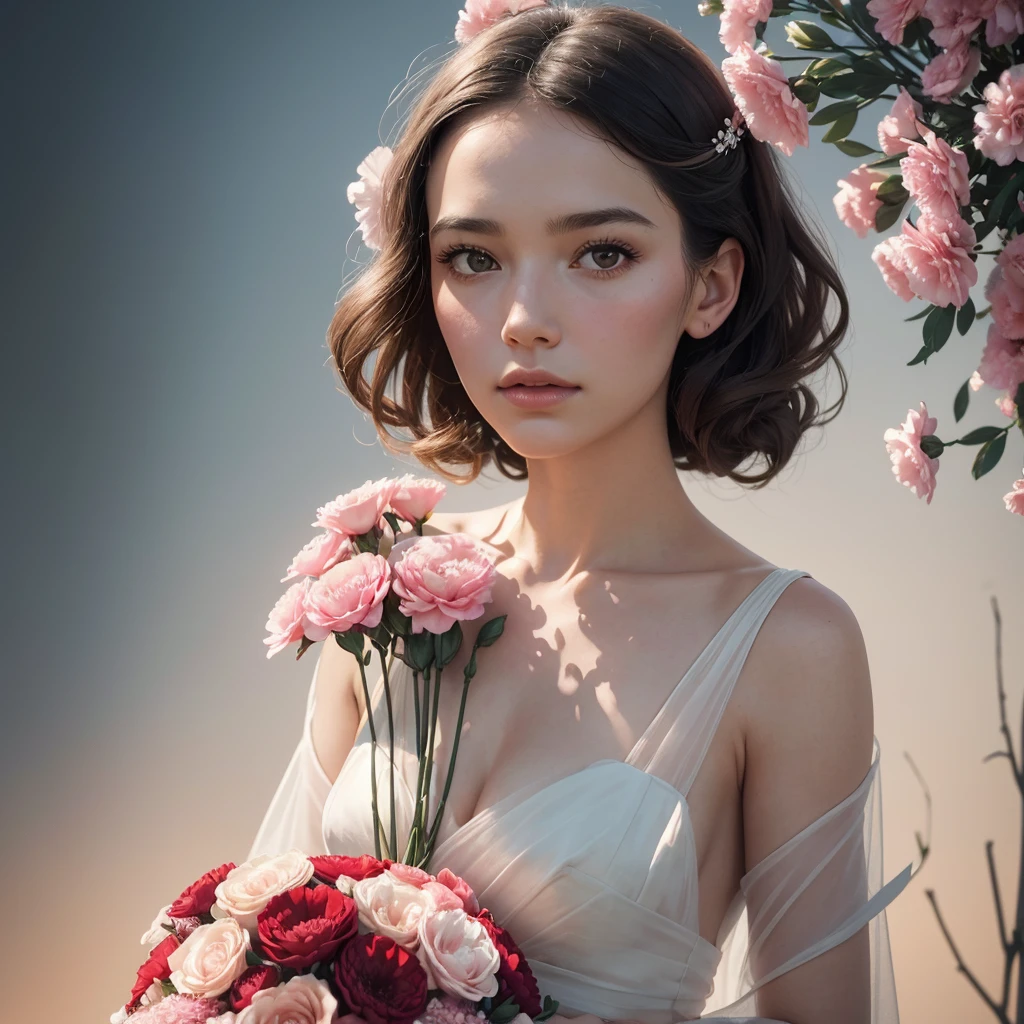 woman, beautiful award-winning portrait, upper body, perfect face, wearing a graceful floral dress, outdoors, holding a delicately arranged bouquet of tiny red and pink carnations, minimalist composition, very dramatic lighting, in wes styleanderson, pointers from david lynch, rule of thirds,hasselblad x2d, portrait lens, magical atmosphere