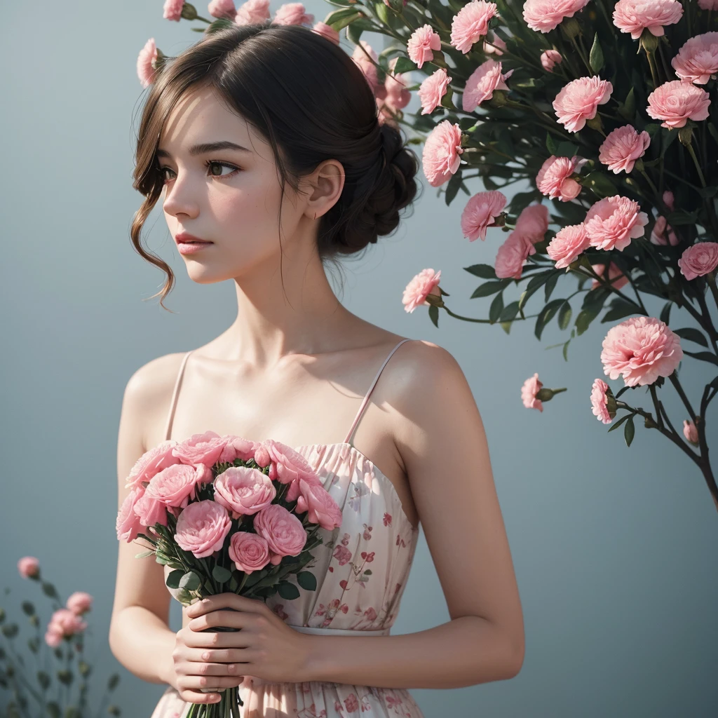 woman, beautiful award-winning portrait, upper body, perfect face, wearing a graceful floral dress, outdoors, holding a delicately arranged bouquet of tiny red and pink carnations, minimalist composition, very dramatic lighting, in wes styleanderson, pointers from david lynch, rule of thirds,hasselblad x2d, portrait lens, magical atmosphere