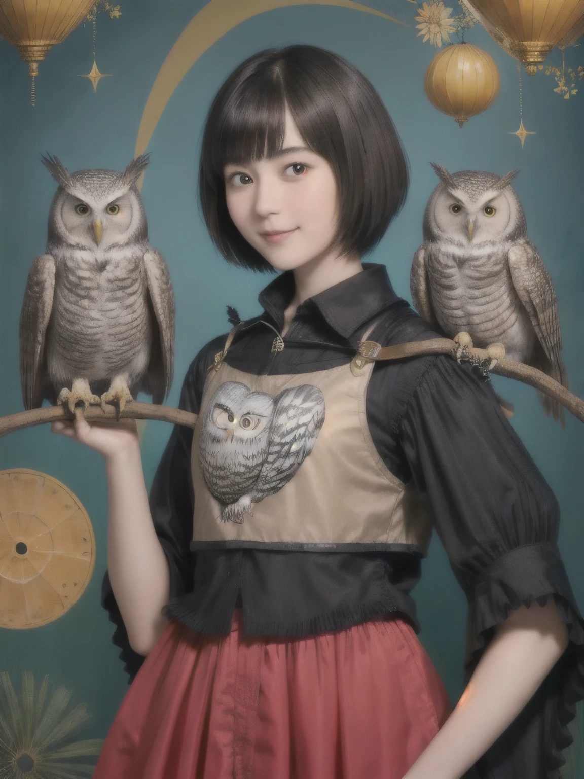 224 Short Hair, 20-year-old woman, A kind smile, (There are also colorful owls), (Rembrandt-style painting), ((machinery suit,Clothes with short sleeves)),I can see your abs