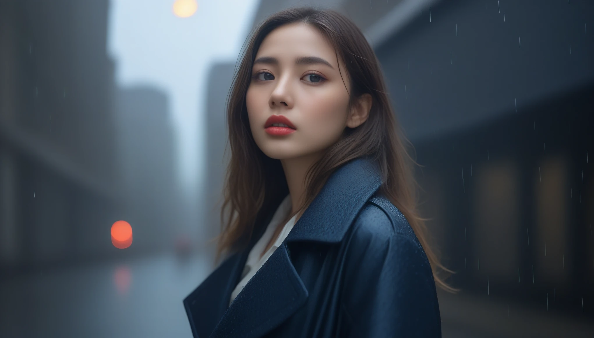 8k, Ultra-high resolution, highest quality, masterpiece, Surreal, photograph,Three-part method, 1 girl, (16 years old:1.3), pretty girl, Cute face, Beautiful eyes in every detail,(highest quality,masterpiece:1.3,In 8k),(Realistic:1.4,RAW shooting,Caustics),City of night,(Very heavy rain:1.2),Street lamp,(Street lampの光を反射して白く輝く雨粒:1.2),(Woman looking up at the sky),Middle Hair,Sad expression,Long coat,Bust up shot,((Thin legs))、Bold Pose,super cute super model、Look closely at the camera,鮮明なdetailed、detailed、Surreal、Light and shadow,Strong light,Fashion magazine cover,Thin lips