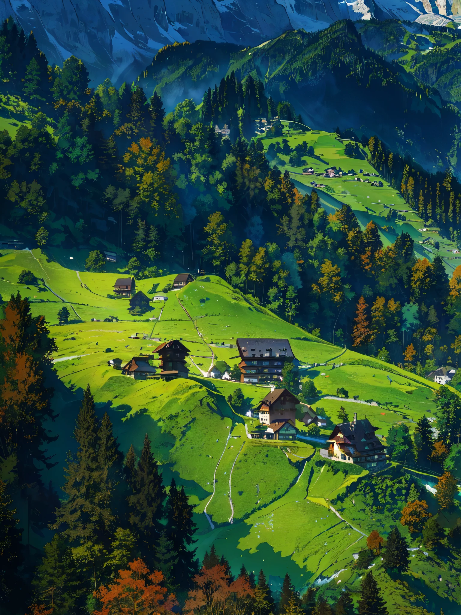 arafed view of a green valley with a few houses and trees, switzerland, in the swiss alps, lovely valley, alp, by Karl Stauffer-Bern, swiss alps, by Franz Hegi, green meadows, by Fritz Glarner, lauterbrunnen valley, alpine scenery, patches of green fields, mountainous setting, alps, lush valley