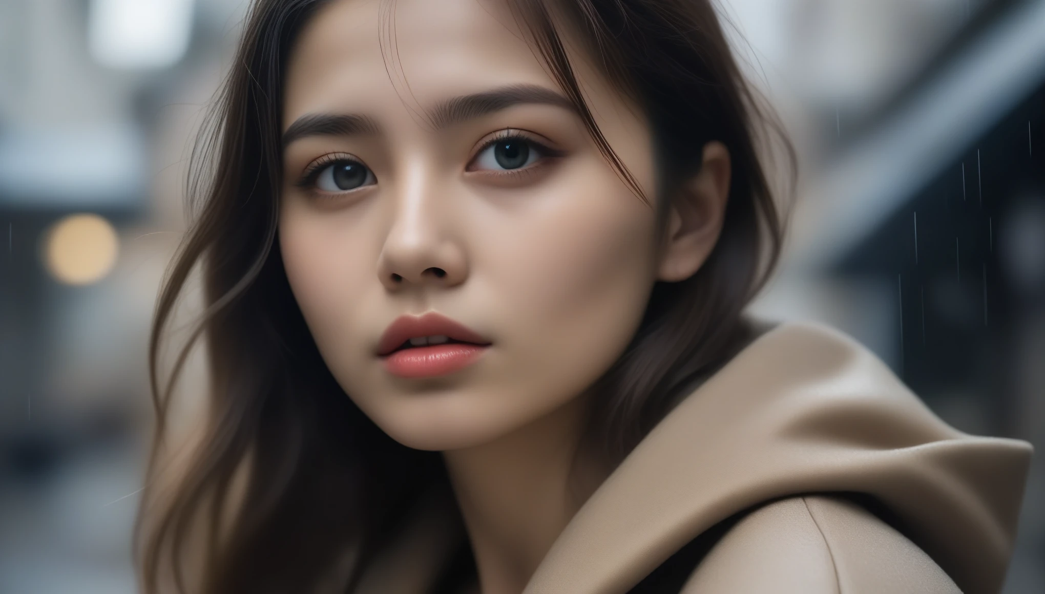8k, Ultra-high resolution, highest quality, masterpiece, Surreal, photograph,Three-part method, 1 girl, (:1.3), pretty girl, Cute face, Beautiful eyes in every detail,(highest quality,masterpiece:1.3,In 8k),(Realistic:1.4,RAW shooting,Caustics),City of night,(Very heavy rain:1.2),Street lamp,(Street lampの光を反射して白く輝く雨粒:1.2),(Woman looking up at the sky),Middle Hair,Sad expression,Long coat,Bust up shot,((Thin legs))、Bold Pose,super cute super model、Look closely at the camera,鮮明なdetailed、detailed、Surreal、Light and shadow,Strong light,Fashion magazine cover,Thin lips