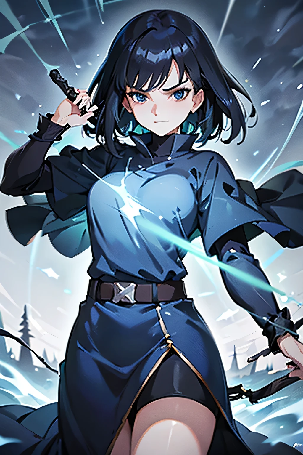 1girl, highly detailed, masterpiece, best quality, correct hands, correct eyes, short black hair, blue eyes, black robes, blue shirt, medium sized breasts, smug look, satisfied look, forest background, in a storm, surronded by lightning, holding a staff, holding a sword