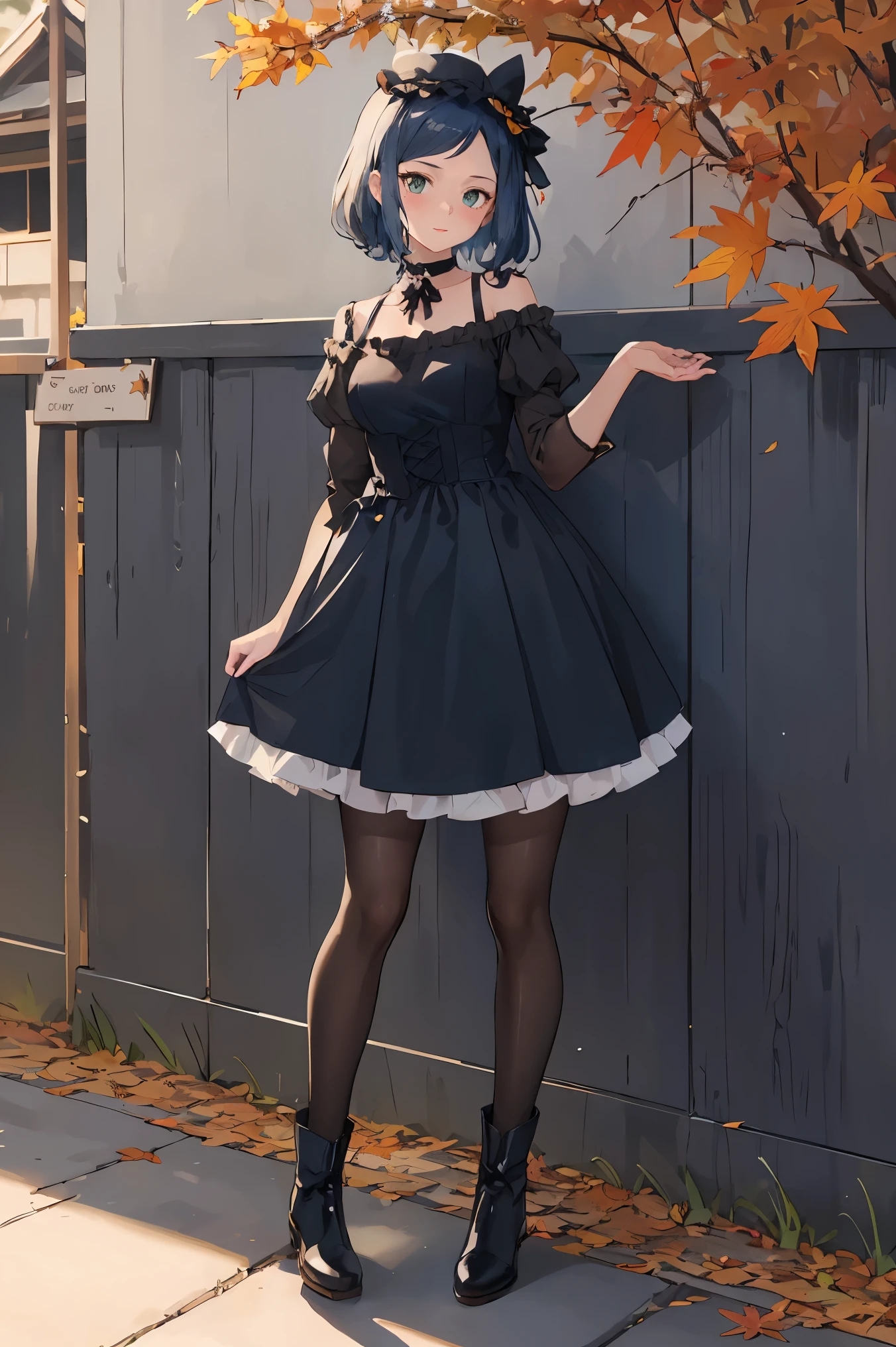 araffe girl in a dress and boots standing against a wall, a pastel by Kamagurka, tumblr, shin hanga, 🍂 cute, in a halloween style, rin, fullbody photo, full dress, in detailed steampunk dress, , full body picture, ****ta style, ayaka cosplay, 8k)), ****ta fashion, 🍁 cute