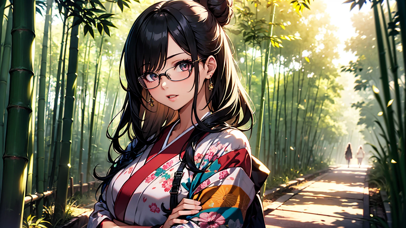 (1girl:1.5), One Girl, Masterpiece, Best quality, amazing beauty, [[3D]], 4K, absurdres, finely detail, super detailed eye, perfect anatomy, official art, cinematic lighting, BREAK, hair bun, black hair, super shiny detailed brown eyes, big eyes, Gazing at Something Off-Frame, close-mouth, full lips, pink lips, glasses, Jubilant, BREAK , usually, , medium, tanned skin, Are standing, crossed arms, full body, from front, Backlighting, BREAK , Walking through a bamboo forest, kimono, A kimono with a vividly colored pattern, Bright Morning, Create images inspired by the beauty of Japanese anime, Drawing the whole body from a distance