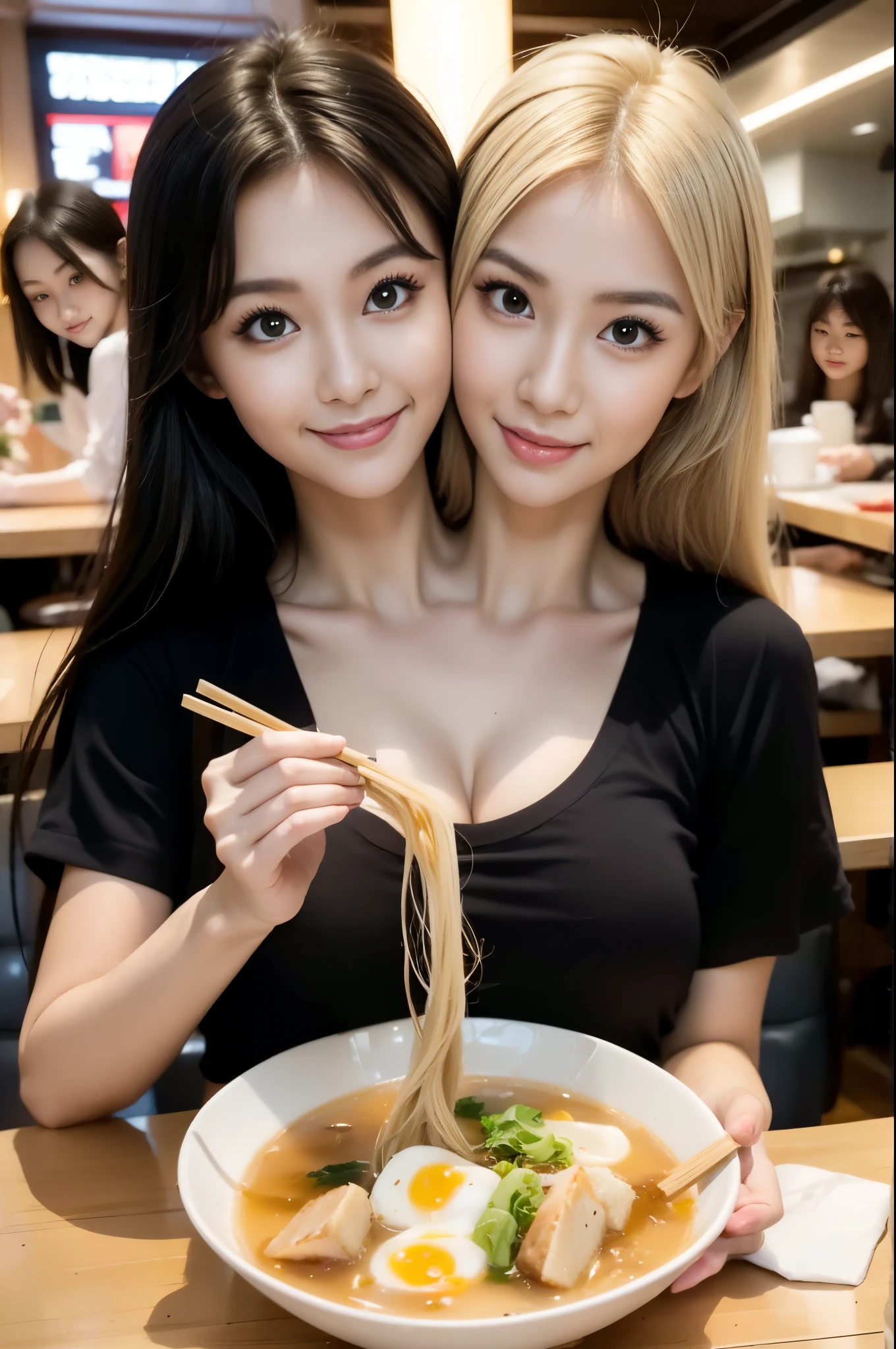 best resolution, 2heads, half-body shot, conjoined, dicephalus, korean woman with two heads , blonde hair, black hair, different faces, eating ramen, indoor background
