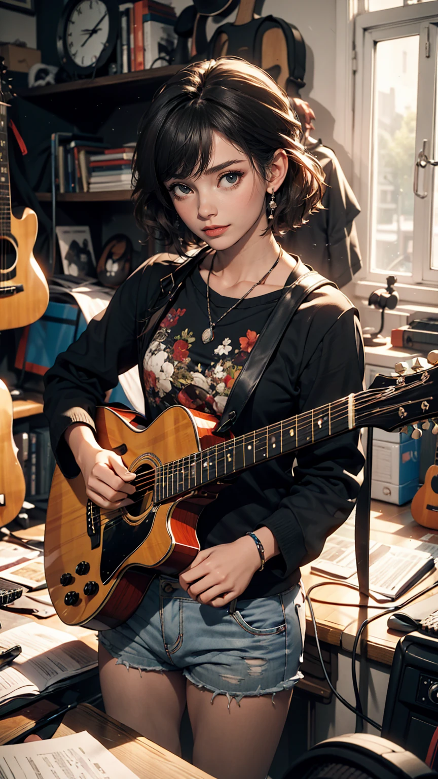 mouth, One girl, alone, In a messy room, guitar,smile