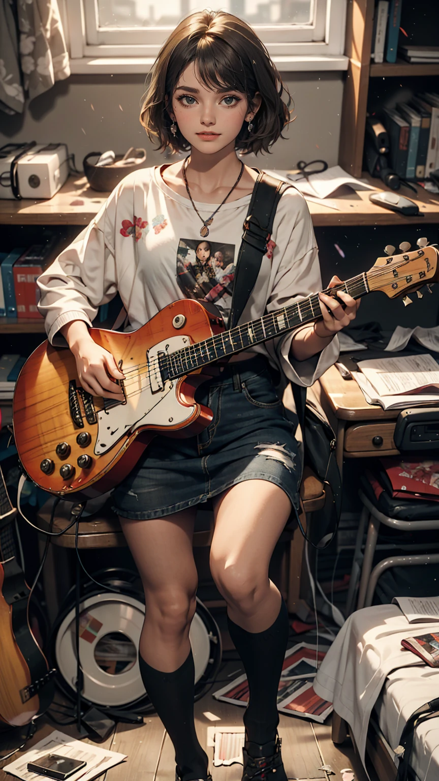 mouth, One girl, alone, In a messy room, guitar,smile