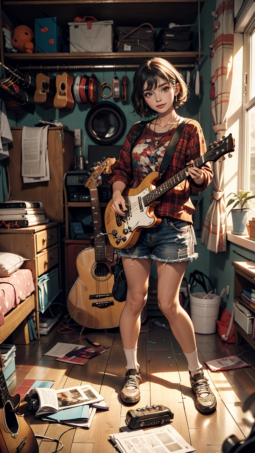 mouth, One girl, alone, In a messy room, guitar,smile