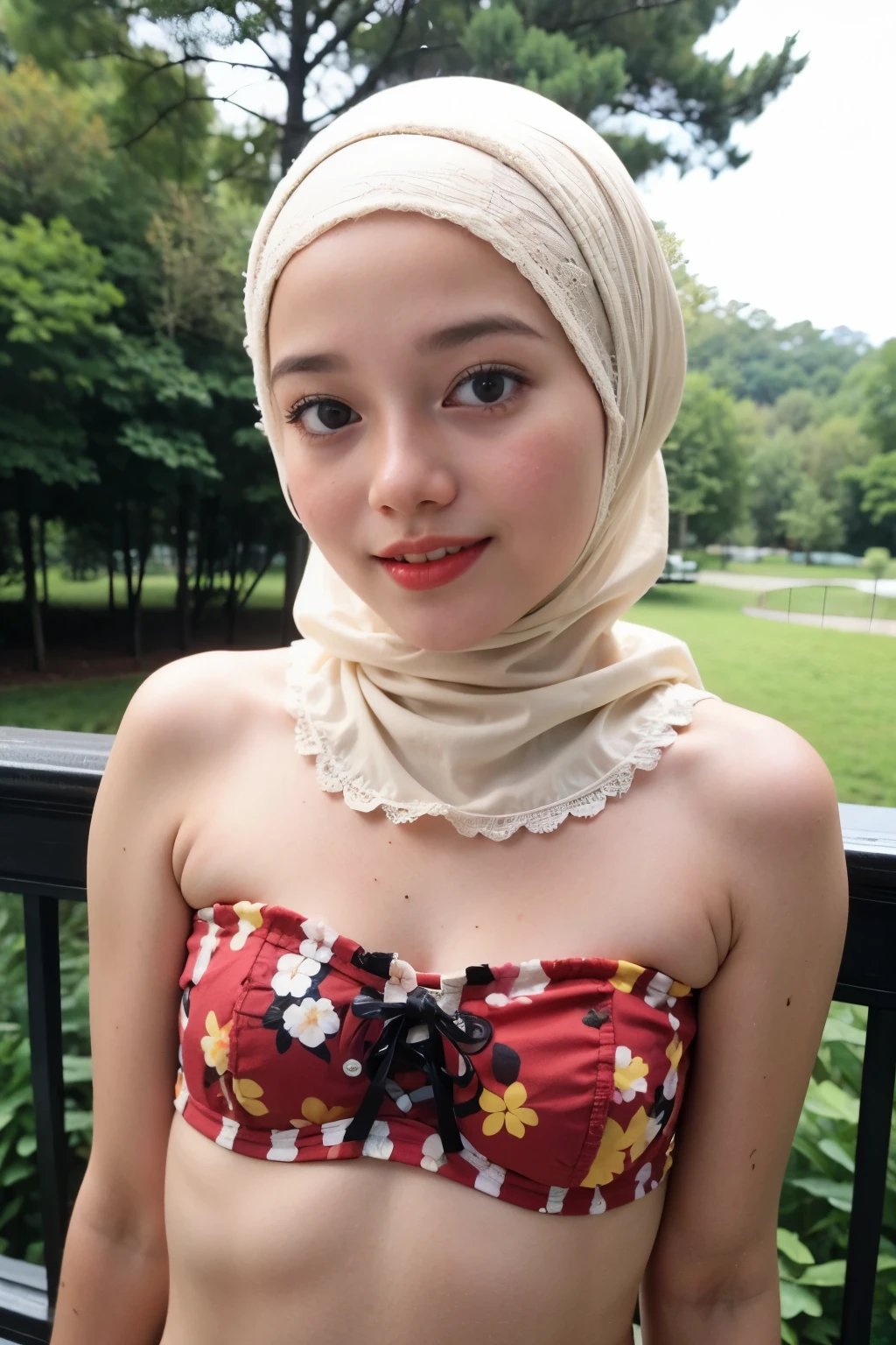 Thin girl ((thick lips:1.4)), Lace, (Happy smile), (((HIJAB MALAY GIRL))), masutepiece, High quality, UHD 32K, Realistic face, Realistic skin feeling , A Japanese Lady, 8 years old, , Very cute and baby-like face, (((FLAT CHEST))), (Night time at forest), ((look In front at the camera and SADNESS)), (((FLUORESCENCE))), (((CUTE GIRL))), ((RED & YELLOW LIPS)), ((Floral Pattern)) little wearing strapless bra, strapless colorful bra, dark night horror scary place