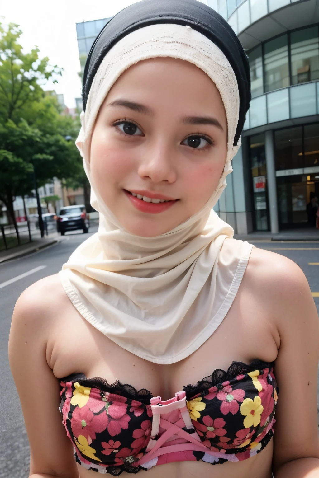Thin girl ((thick lips:1.4)), Lace, (Happy smile), (((HIJAB MALAY GIRL))), masutepiece, High quality, UHD 32K, Realistic face, Realistic skin feeling , A Japanese Lady, 8 years old, , Very cute and baby-like face, (((FLAT CHEST))), (Night time at forest), ((look In front at the camera and SADNESS)), (((FLUORESCENCE))), (((CUTE GIRL))), ((RED & YELLOW LIPS)), ((Floral Pattern)) little wearing strapless bra, strapless colorful bra, tired walking in the middle of the city looking for friends is not easy