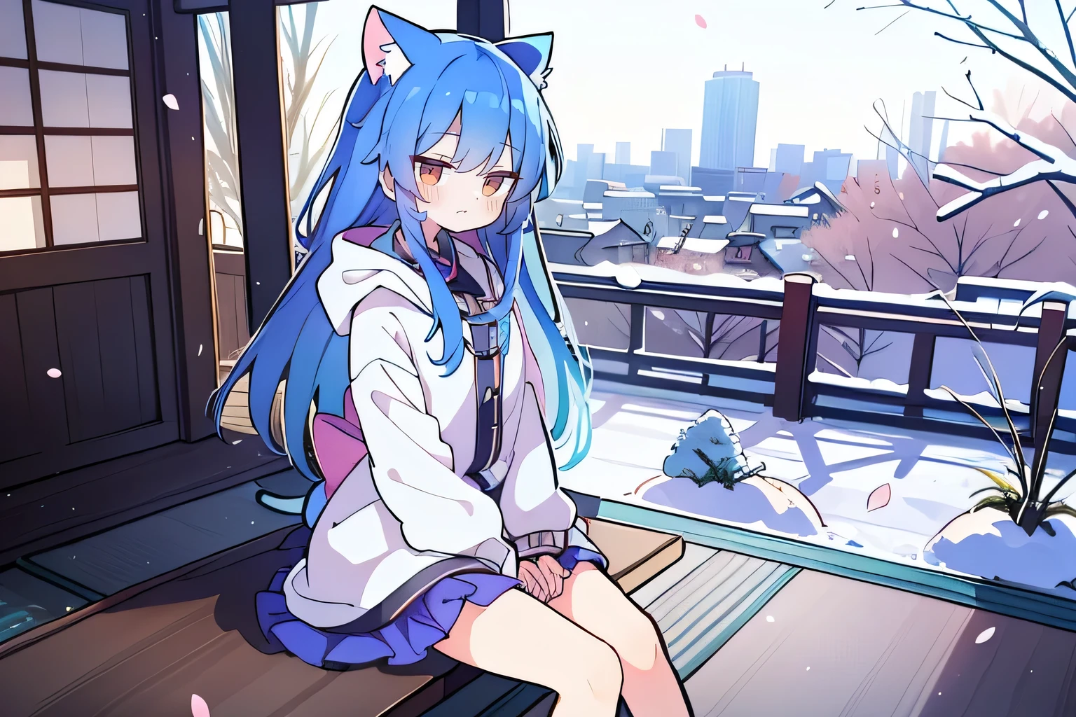 （masterpiece：1.2），Super detailed，lifelike，Expressive eyes，fair skin，perfect face shape，1 girl，
Japanese comics,Gorgeous blue hair,flowing blue hair,flowing clothes,Cat ears,Petals fall,beautiful lola,Baby Angel,
Cross your legs，Gentle and peaceful background，The pavilion is cool and comfortable,smile, wearing hoodie, background of tokyo,back views,snowing, winter.