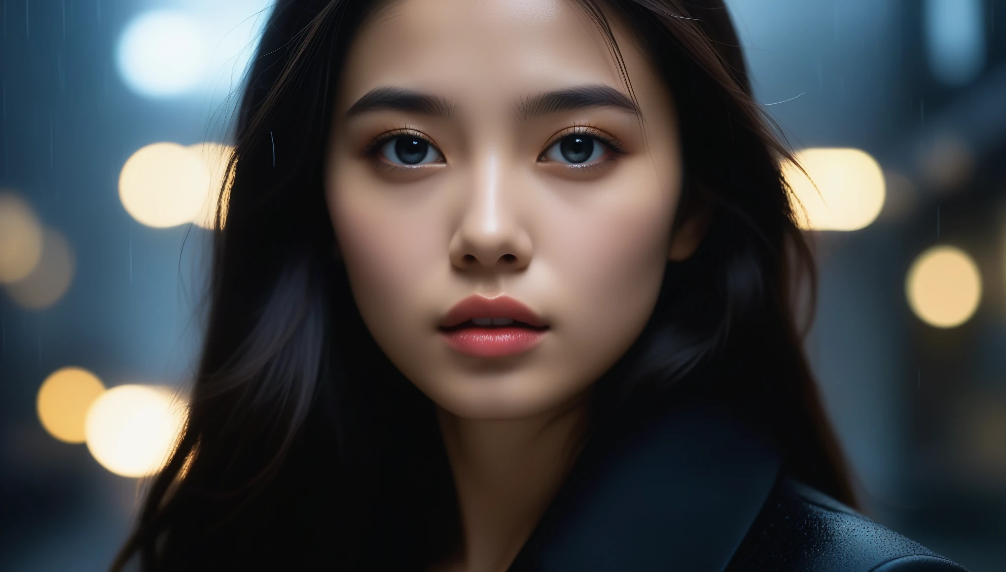 8k, Ultra-high resolution, highest quality, masterpiece, Surreal, photograph,Three-part method, 1 girl, (:1.3), pretty girl, Cute face, Beautiful eyes in every detail,(highest quality,masterpiece:1.3,In 8k),(Realistic:1.4,RAW shooting,Caustics),City of night,(Very heavy rain:1.2),Street lamp,(Street lampの光を反射して白く輝く雨粒:1.2),(Woman looking up at the sky),Middle Hair,Sad expression,Long coat,Bust up shot,((Thin legs))、Bold Pose,super cute super model、Look closely at the camera,鮮明なdetailed、detailed、Surreal、Light and shadow,Strong light,Fashion magazine cover,Thin lips