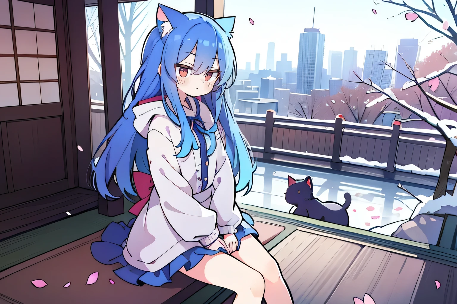 （masterpiece：1.2），Super detailed，lifelike，Expressive eyes，fair skin，perfect face shape，1 girl，
Japanese comics,Gorgeous blue hair,flowing blue hair,flowing clothes,Cat ears,Petals fall,beautiful lola,Baby Angel,
Cross your legs，Gentle and peaceful background，The pavilion is cool and comfortable,smile, wearing hoodie, background of tokyo,back views,snowing, winter.