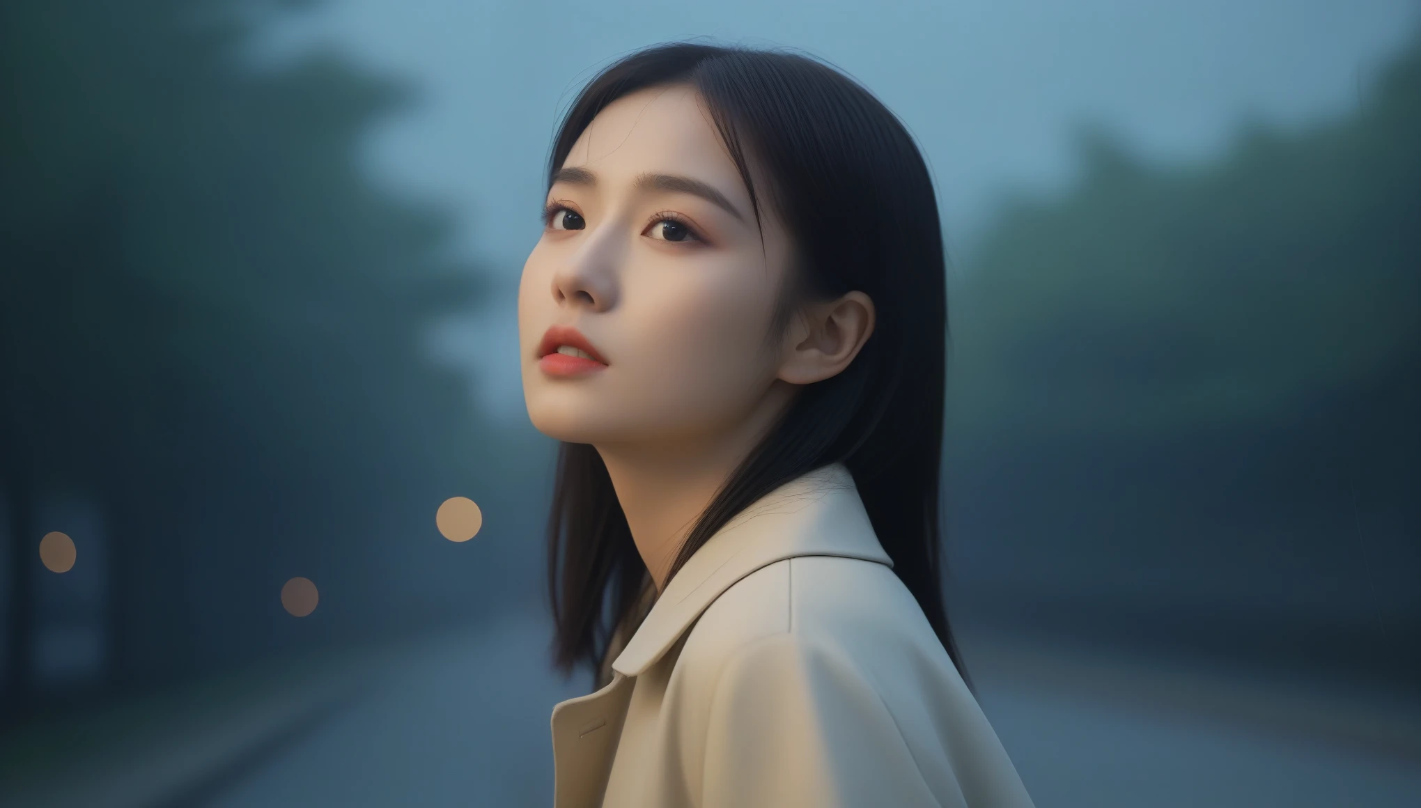 8k, Ultra-high resolution, highest quality, masterpiece, Surreal, photograph,Three-part method, 1 girl, (16 years old:1.3), pretty girl, Cute face, Beautiful eyes in every detail,(highest quality,masterpiece:1.3,In 8k),(Realistic:1.4,RAW shooting,Caustics),City of night,(Very heavy rain:1.2),Street lamp,(Street lampの光を反射して白く輝く雨粒:1.2),(Woman looking up at the sky),Middle Hair,Sad expression,Long coat,Bust up shot,((Thin legs))、Bold Pose,super cute super model、Look closely at the camera,鮮明なdetailed、detailed、Surreal、Light and shadow,Strong light,Fashion magazine cover,Thin lips