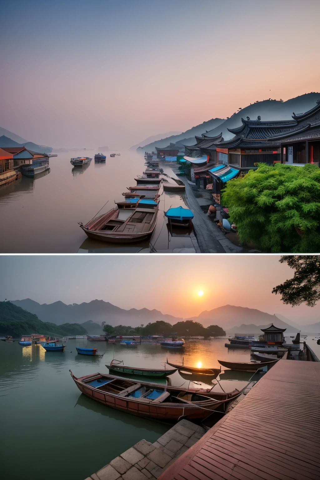 "best quality,4k,8k,highres,masterpiece:1.2,ultra-detailed,(realistic,photorealistic,photo-realistic:1.37),HDR,UHD,studio lighting,ultra-fine painting,sharp focus,physically-based rendering,extreme detail description,professional,vivid colors,bokeh,portraits,landscape,photography,Fan Ho style,Chinese water town,ancient architecture,boats,misty atmosphere,pink sunset,excellent sense of perspective,panoramic composition,award-winning work"