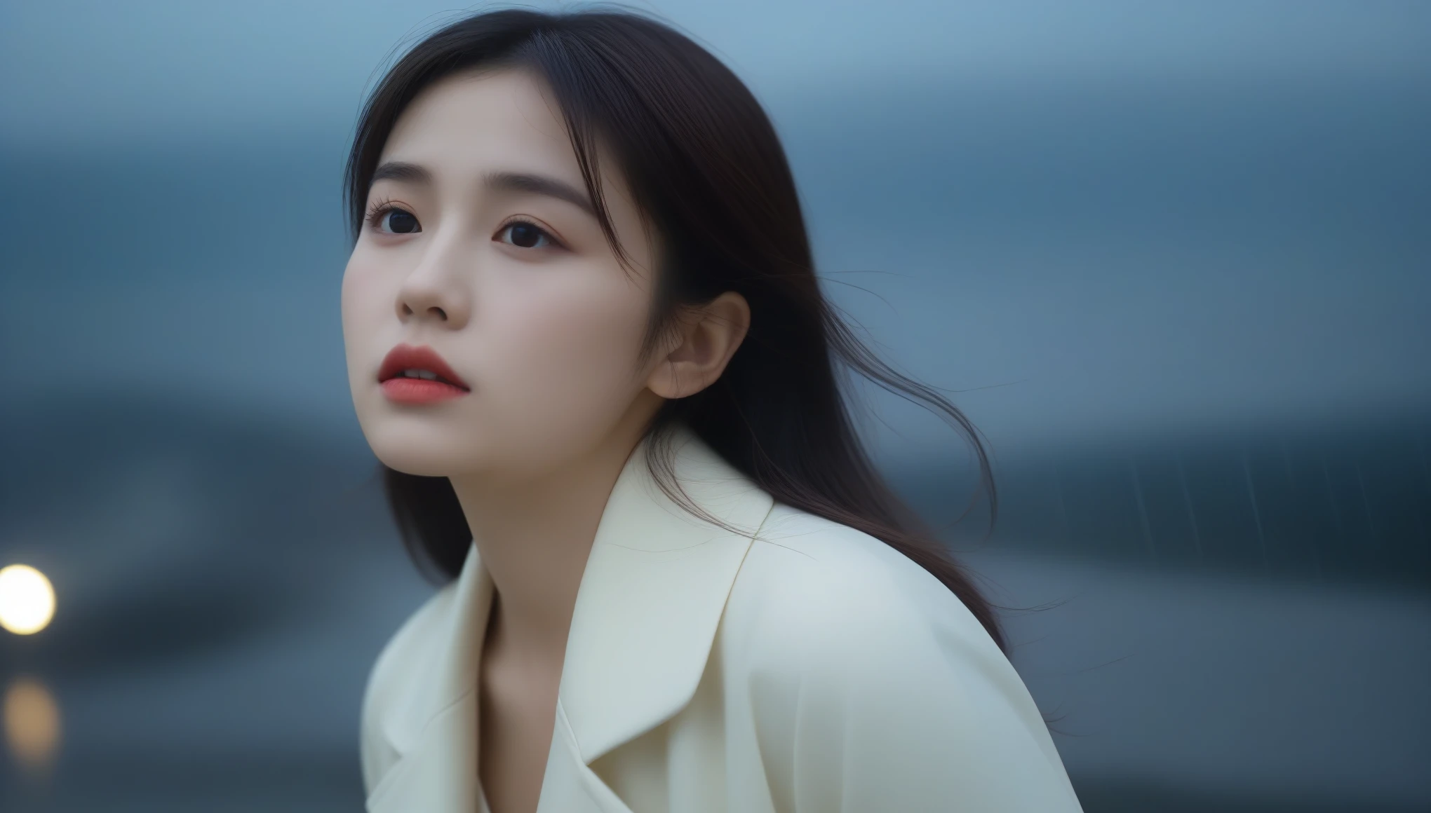 8k, Ultra-high resolution, highest quality, masterpiece, Surreal, photograph,Three-part method, 1 girl, (16 years old:1.3), pretty girl, Cute face, Beautiful eyes in every detail,(highest quality,masterpiece:1.3,In 8k),(Realistic:1.4,RAW shooting,Caustics),City of night,(Very heavy rain:1.2),Street lamp,(Street lampの光を反射して白く輝く雨粒:1.2),(Woman looking up at the sky),Middle Hair,Sad expression,Long coat,Bust up shot,((Thin legs))、Bold Pose,super cute super model、Look closely at the camera,鮮明なdetailed、detailed、Surreal、Light and shadow,Strong light,Fashion magazine cover,Thin lips