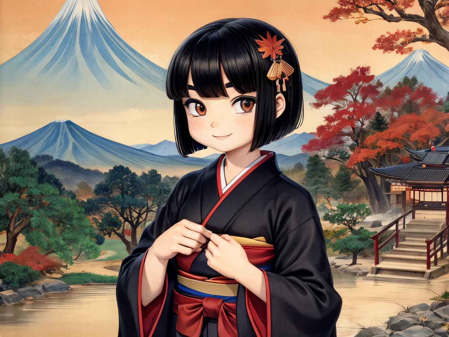 Japanese countryside,blue sky,autumn leaves,autumn leaves,Bobcut,Black Hair,Dark Eyes,11 years old,boyish,Thick eyebrows.Japanese,smile,Red kimono,