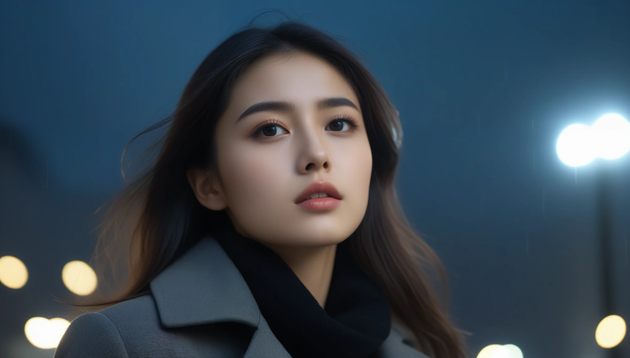 8k, Ultra-high resolution, highest quality, masterpiece, Surreal, photograph,Three-part method, 1 girl, (16 years old:1.3), pretty girl, Cute face, Beautiful eyes in every detail,(highest quality,masterpiece:1.3,In 8k),(Realistic:1.4,RAW shooting,Caustics),City of night,(Very heavy rain:1.2),Street lamp,(Street lampの光を反射して白く輝く雨粒:1.2),(Woman looking up at the sky),Middle Hair,Sad expression,Long coat,Bust up shot,((Thin legs))、Bold Pose,super cute super model、Look closely at the camera,鮮明なdetailed、detailed、Surreal、Light and shadow,Strong light,Fashion magazine cover,Thin lips