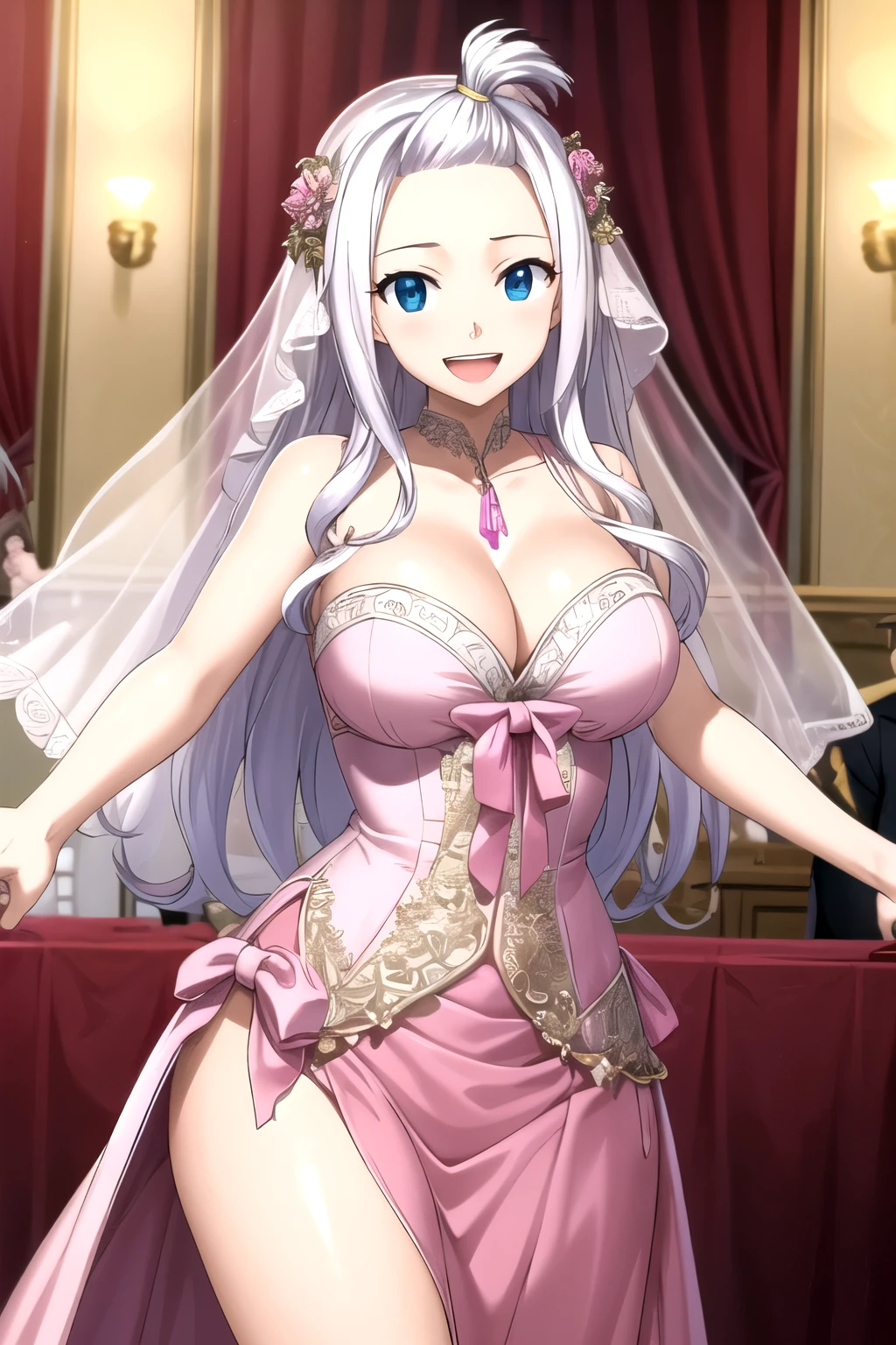 permanent, Smile, open mouth, Miradive, 1 Girl, masterpiece, absurd , (Intricate details), (rich and colorful),Movie Lighting,Half-length photo,Extremely detailed CG Unity 8K wallpaper, wedding dress, bride, show underwear