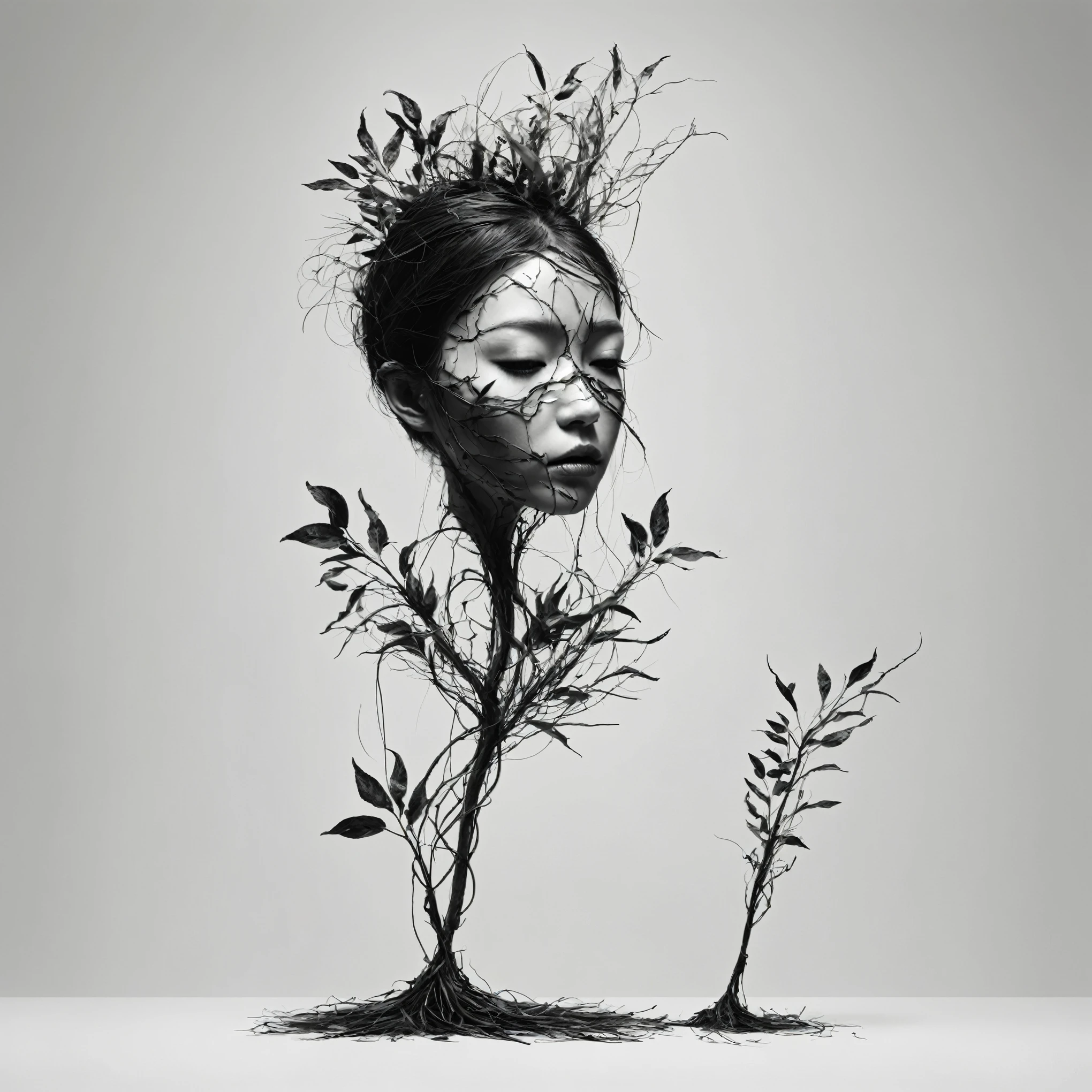 Create a simple and elegant bailong plant girl made of dead plants, logo, shedding tears. The design should convey a strong sense of sadness and melancholy, using a minimalist approach with clear lines, nicola samori,ben templsmith,Irina Yermolova