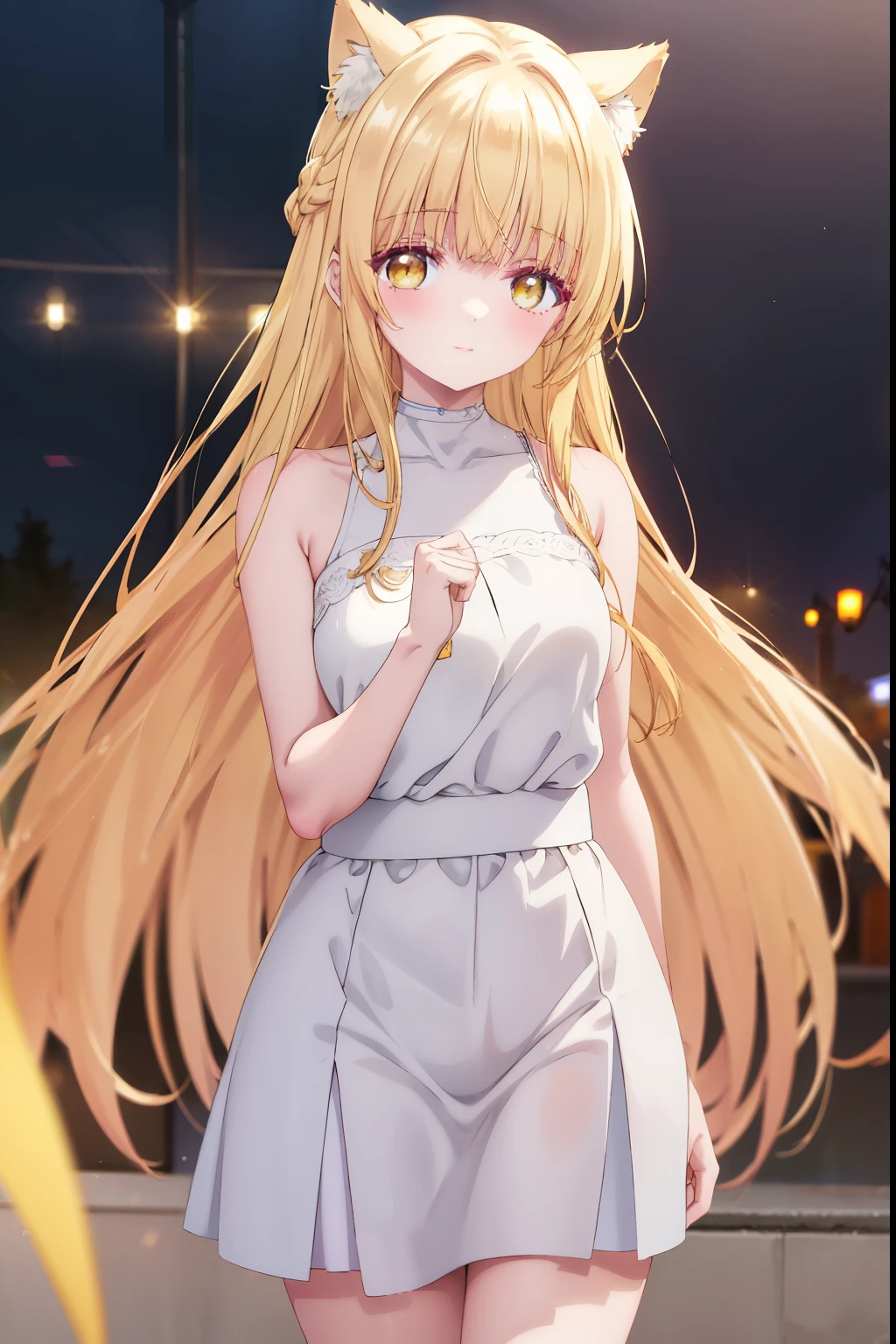 Mahiru shiina, , blonde, (Yellow Eyes:1.3)、Braided long hair,,blush,smile,Captivating thighs、Beautiful bare legs, Sideways armpit、Wearing cat ears、Cat&#39;s Tail、She&#39;s very clingy、Cat ears grow、Cat Pose、Seduction in bed
（masterpiece:1.2), highest quality, High resolution, unity 8k wallpaper, (shape:0.8), (Beautiful and beautiful eyes:1.6), Highly detailed face, Perfect lighting, Extremely detailed CG, (Perfect hands, Perfect Anatomy),