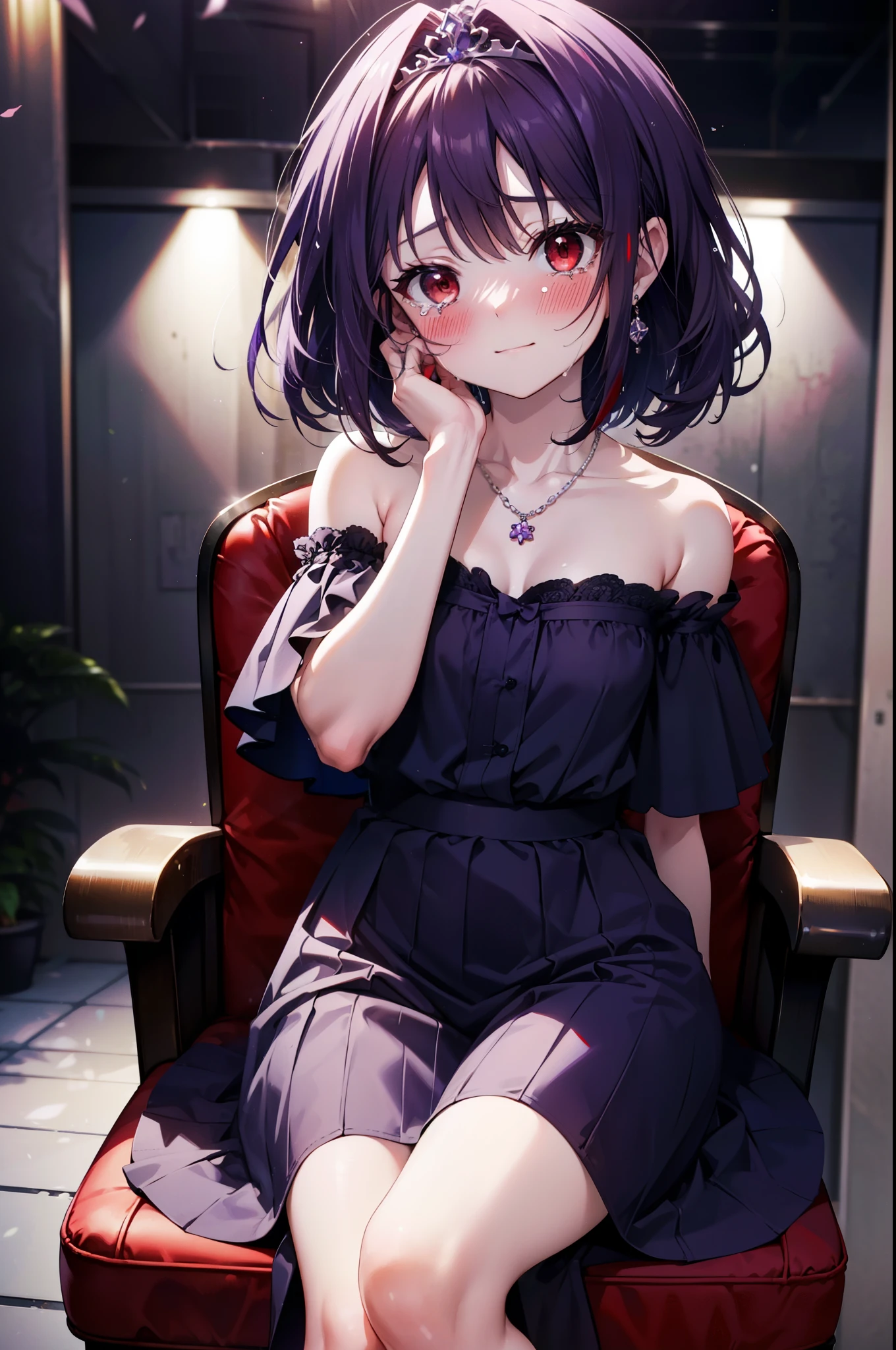 yuukikonno, Yuki Konno,Long Hair, tiara,Pointed Ears, Purple Hair, (Red eyes:1.5), (Small breasts:1.2), smile,Purple Dress,Purple long skirt,purple stiletto heels,Sleeveless,Expose your shoulders,Bare arms,Bare neck,bare clavicle,She is sitting in a chair with a large bouquet of flowers in both hands..,There is a big cake on the table,Heart Necklace,Tears stream down her face,Tears of joy,I cry a lot,whole bodyがイラストに入るように,
break indoors, Party Venue,on stage,
break looking at viewer, whole body,
break (masterpiece:1.2), highest quality, High resolution, unity 8k wallpaper, (shape:0.8), (Beautiful details:1.6), Highly detailed face, Perfect lighting, Extremely detailed CG, (Perfect hands, Perfect Anatomy),