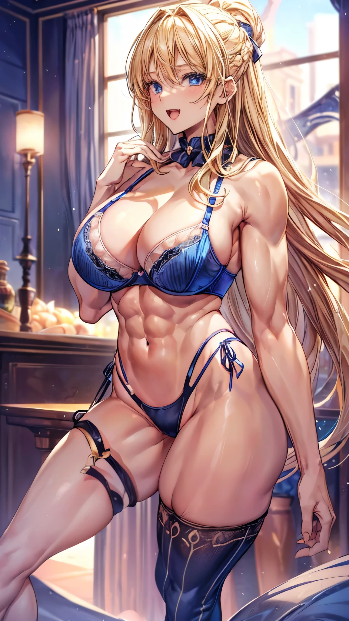Very detailed、highest quality、Best image quality、masterpiece、8k、Anime Face、A kind smile、Sparkling blue eyes、(Blonde semi-long hair:1.5)、(Open Mouth:1.5)、(muscle:1.3)、(cowboy shot:1.5)、(SFW Giant)、(Thick body:1.2)、(High leg panties:2.0)、(bra:1.5)