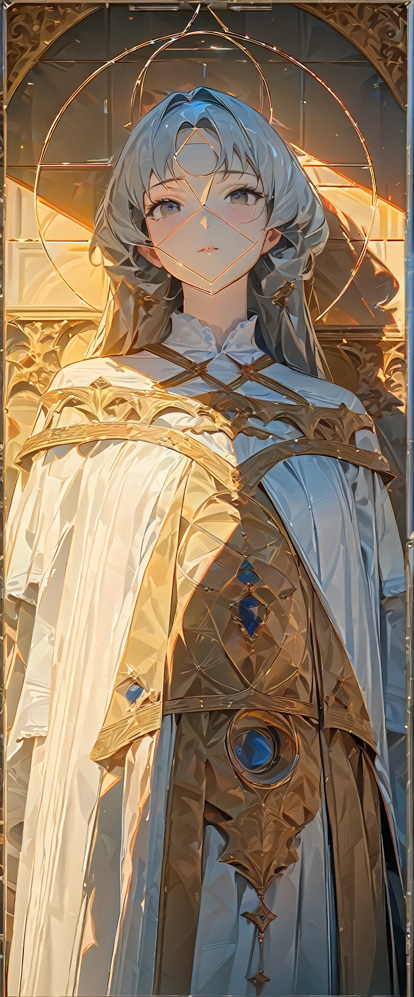 (Golden Ratio:1.2),master pieces,[(yellow background:1.4)::10],(8k, best quality, masterpiece:1.2),\(Eye details\),\(Facial features details\),(\(Clothes details details\)\),Classicism，Renaissance，Bright lighting，Strong shadow on left。Picture composition(The angel from heaven conveyed God&#39;s will to the Virgin Mary：1.3),Our Lady Illuminated by Light,High-resolution details,beautiful girl,huge breasts,mild,mature female