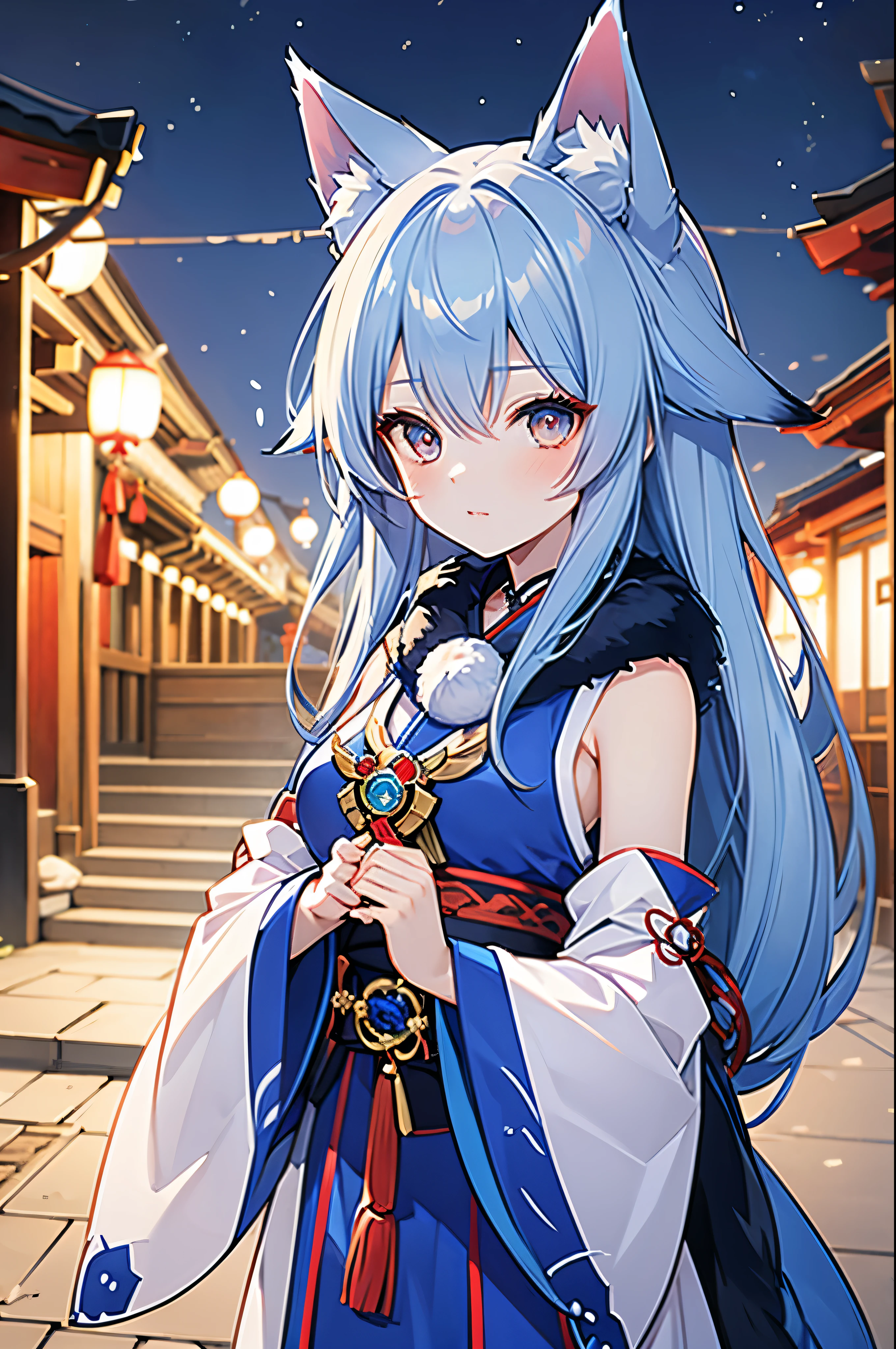 fox maiden, shrine, maiden, blue color fur, miko clothing, fox ears, night, lanterns, blue hair color, 16 years old