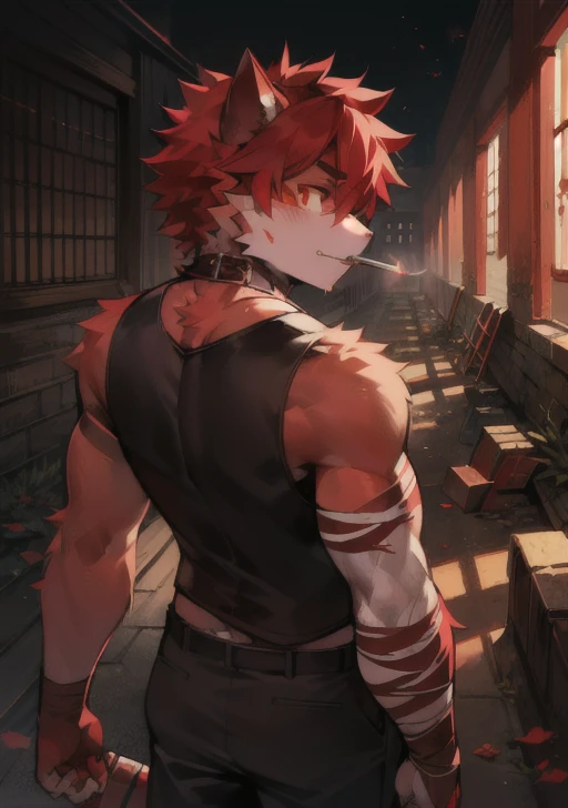 Scenes：Blood，Red，地板上全是Blood，Three corpses，In ruins，indoogure：Male cat，Red hair，Hairy all over，Red eyes，身上布满Blood，Standing，Holding a bloody machete，With a cigarette in his mouth，bandage，Turn around，Look directly at the audience。（Ultra-clear，4k，High quality，Very high quality。figure焦点，Detailed image quality。Looks scary, handsome and cute）