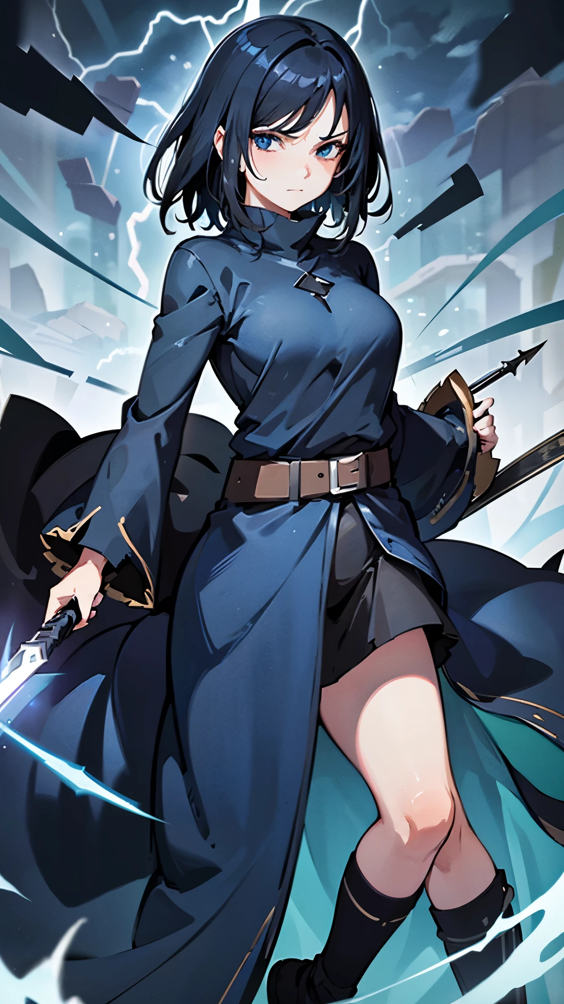 1girl, highly detailed, masterpiece, best quality, correct hands, correct eyes, short black hair, blue eyes, black robes, blue shirt, medium sized breasts, smug look, satisfied look, forest background, in a storm, surronded by lightning, holding a staff, holding a sword