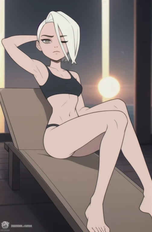 (dark theme:0.6), Glucose, 1 girl, rough mature face, One, short hair, in a black bikini, in a black bra, sexuality, long legs, high growth, Naked body, лежи на sun loungerе, sun lounger, armpits, Sun, wound, eyes closed, on the beach. Sea 1.2), White hair, pomade, decrease,  I look at the viewer, Grey eyes, blurred, crop top, (HDR:1.22), Bright colors, complex background, hyper-detailed, Art [[Jordan Grimmer]]