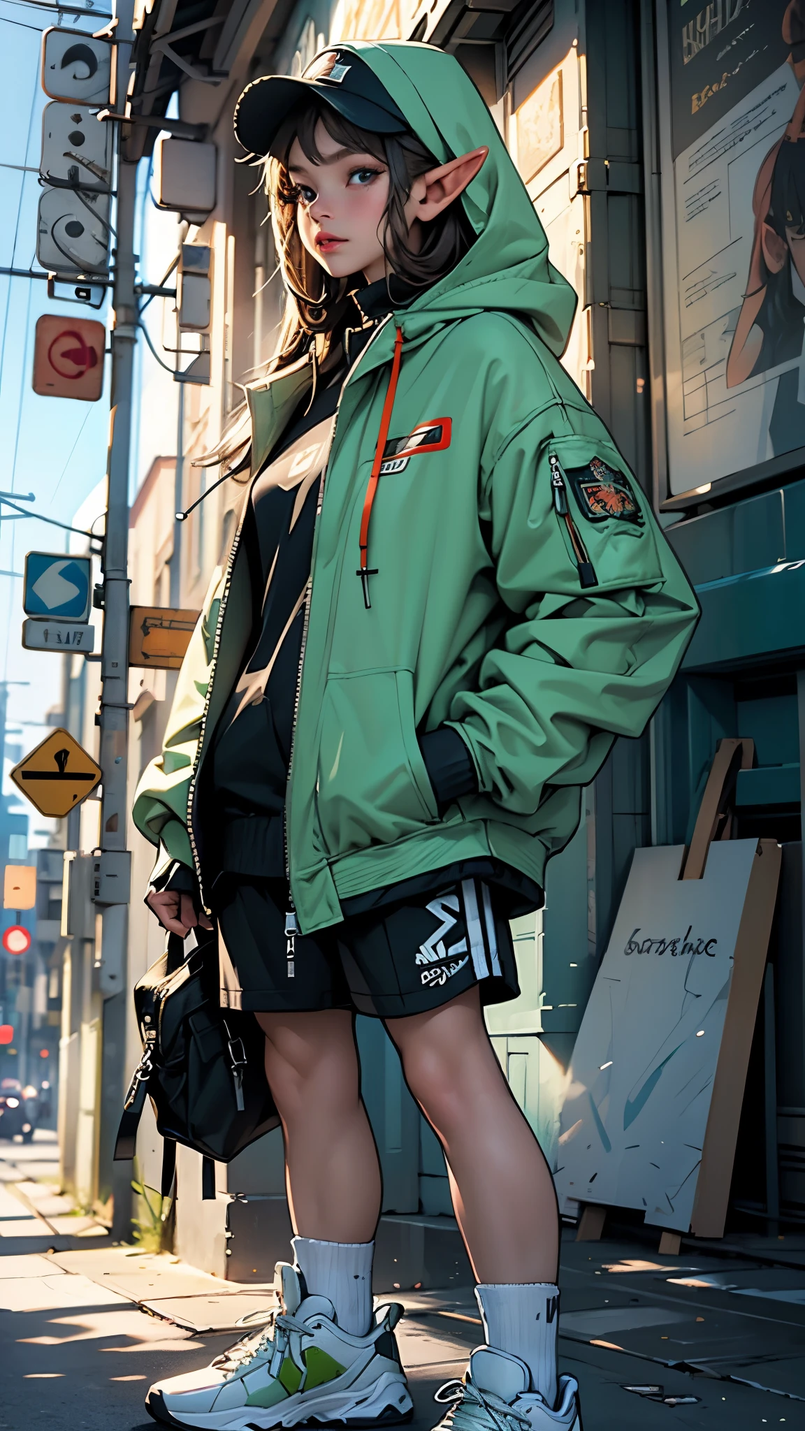(highest quality, 8k, 32k, masterpiece, Ultra-high resolution):1.2, Blurred Background, Great photo with beautiful saturation, Ultra-high resolution,(Realistic:1.4)),Deep Shadow,(highest quality), ultra Realistic,32k,Highly detailed CG Unity 8k wallpaper, highest quality,Trendy clothing,clock,((sneakers)),Hands hang down naturally,Hooded jacket,Street side,((Elf))