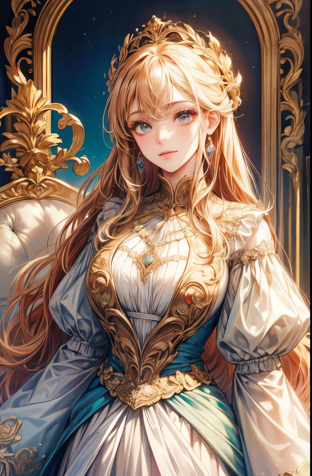 (best quality, highres, ultra-detailed), 1girl, alone, baroque style, long dress, long sleeves, elegant, vibrant colors, most detailed, upper body