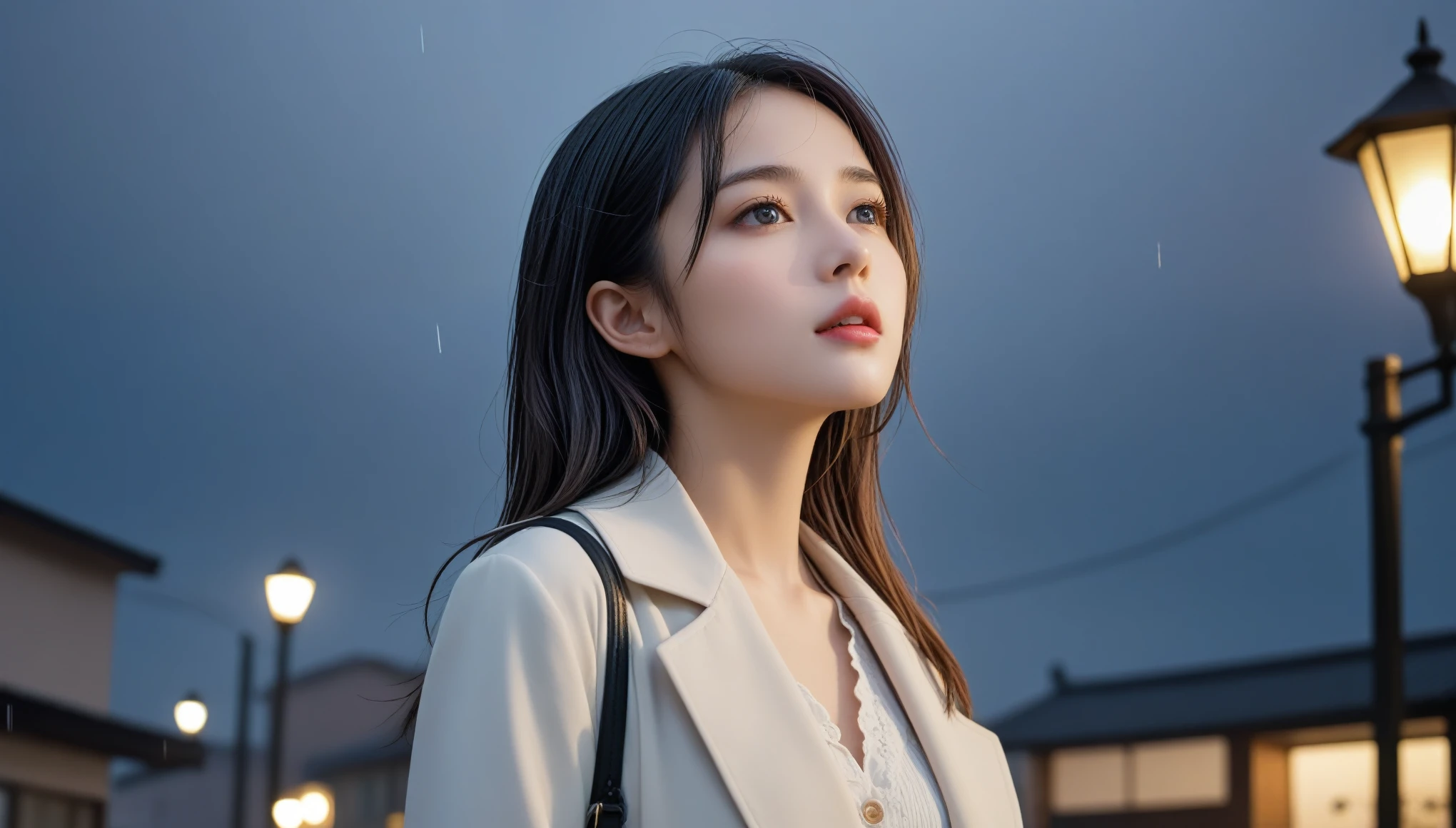8k, Ultra-high resolution, highest quality, masterpiece, Surreal, photograph,Three-part method, 1 girl, (16 years old:1.3), pretty girl, Cute face, Beautiful eyes in every detail,(highest quality,masterpiece:1.3,In 8k),(Realistic:1.4,RAW shooting,Caustics),City of night,(Very heavy rain:1.2),Street lamp,(Street lampの光を反射して白く輝く雨粒:1.2),(Woman looking up at the sky),Middle Hair,Sad expression,Long coat,Bust up shot,((Thin legs))、Bold Pose,super cute super model、Look closely at the camera,鮮明なdetailed、detailed、Surreal、Light and shadow,Strong light,Fashion magazine cover,Thin lips