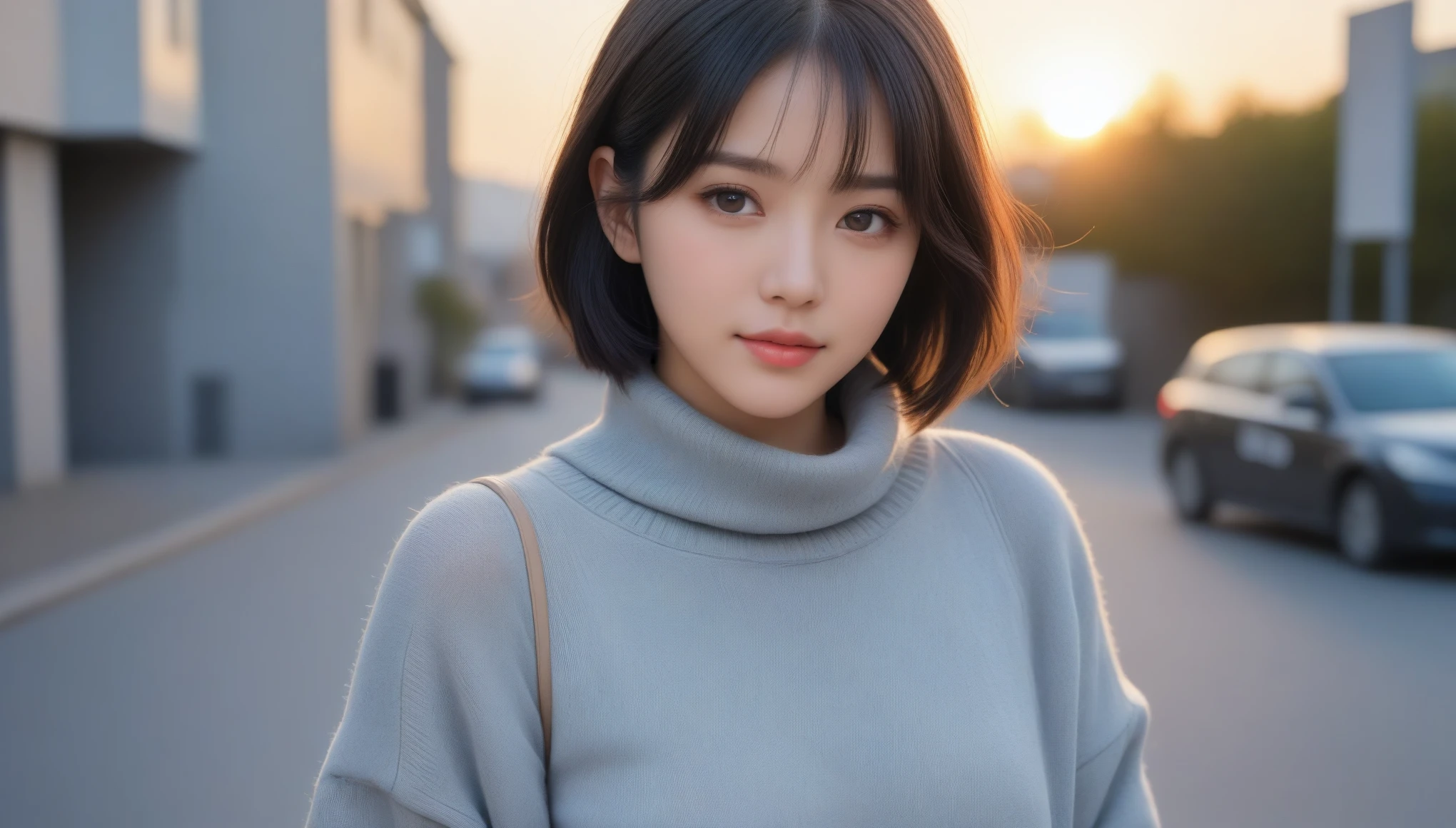 8k, Ultra-high resolution, highest quality, masterpiece, Surreal, photograph, 1 girl, (16 years old:1.3), cute girl, cute face, Beautiful eyes in every detail, masterpiece, highest quality, (highest quality,masterpiece:1.3,Ultra-high resolution),(Very detailed,Caustics,8k),(Realistic:1.4,RAW shooting),At dusk,sunset,Warm Light,Backlight,wonderful,Lens flare,street,24-years-old,cute,Japanese,Short black hair,The best smile,big ,down coat,Turtleneck sweater,Long skirt,Low position,Low Angle,Blur the background,Natural light , (((whole body))),、super cute super model、Look closely at the camera 、wonderful details、detailed、Surreal、Light and shadow,Strong light,Fashion magazine cover,Thin lips