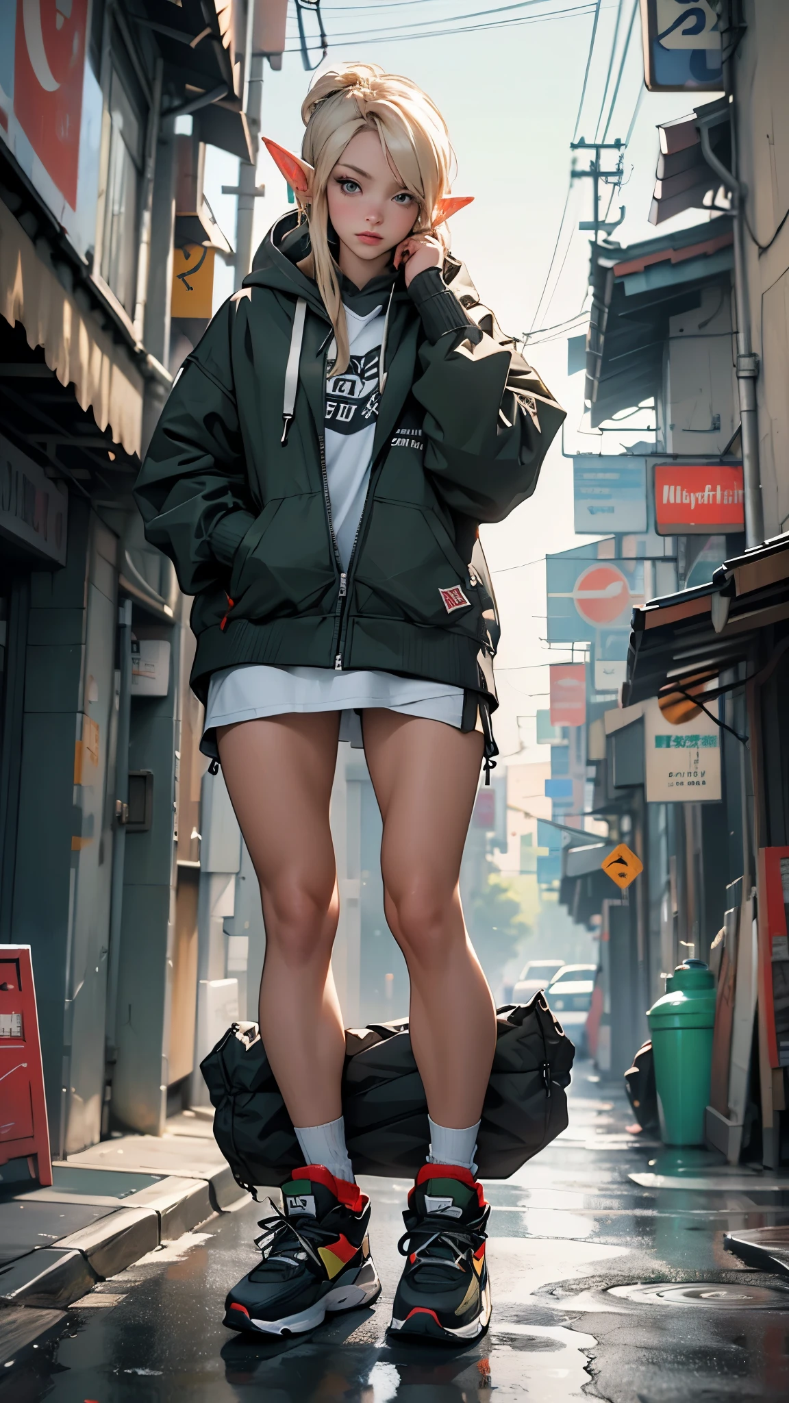 (highest quality, 8k, 32k, masterpiece, Ultra-high resolution):1.2, Blurred Background, Great photo with beautiful saturation, Ultra-high resolution,(Realistic:1.4)),Deep Shadow,(highest quality), ultra Realistic,32k,Highly detailed CG Unity 8k wallpaper, highest quality,Trendy clothing,clock,((sneakers)),(Squat down),Hands hang down naturally,Hooded jacket,Street side,((Elf))