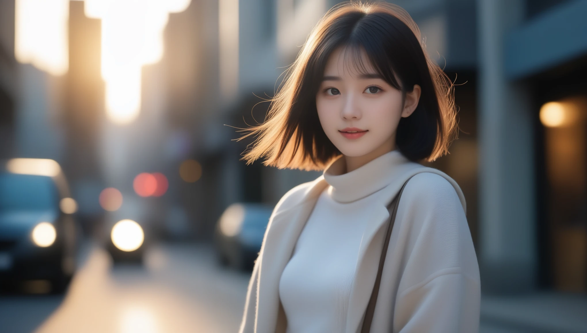 8k, Ultra-high resolution, highest quality, masterpiece, Surreal, photograph, 1 girl, (16 years old:1.3), cute girl, cute face, Beautiful eyes in every detail, masterpiece, highest quality, (highest quality,masterpiece:1.3,Ultra-high resolution),(Very detailed,Caustics,8k),(Realistic:1.4,RAW shooting),At dusk,sunset,Warm Light,Backlight,wonderful,Lens flare,street,24-years-old,cute,Japanese,Short black hair,The best smile,big ,down coat,Turtleneck sweater,Long skirt,Low position,Low Angle,Blur the background,Natural light , (((whole body))),、super cute super model、Look closely at the camera 、wonderful details、detailed、Surreal、Light and shadow,Strong light,Fashion magazine cover,Thin lips