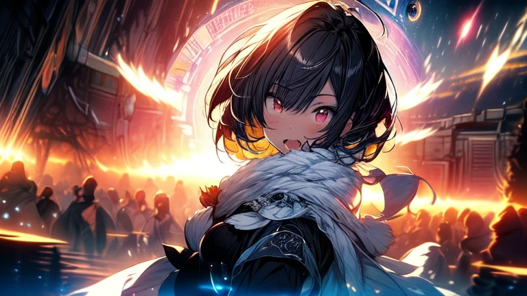 (masterpiece:1.2),Very detailed CG ユニティ 8k 壁紙,wonderful,One girl,alone,Muscular,Physical build,Curvy,Black Hair,short hair,Red eyes,Open your mouth,Bare your fangs,whole body,Combat Stance,Black Dress,Cape,Strong gaze,Beautiful fine details,Disheveled Hair,Hair between the eyes,Combat Stance,Light Shaft,Soft Focus,Character Focus,brake,(Yin and Yang:1.2),(Magical Effects,magic circle,Similar to Radical Geometry,Capillary branching:1.2),fractal,Very detailed,(Black Hole:1.4),(Vortex:1.2),(king of darkness:1.2),Dynamic Angle,Shine,Very delicate and beautiful girl,Light Skin,Best illustrations,Best Shadow,In detail,Depth of written boundary ,(Colorful painting,{Very delicate light,Perfect and delicate limbs},Beautifully detailed dress,flying particles,Shine