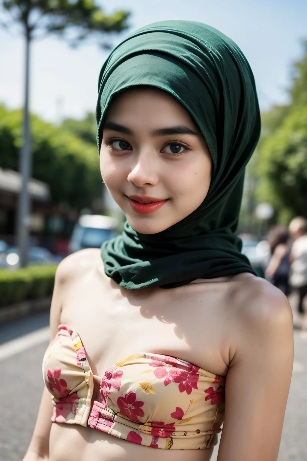 Thin girl ((thick lips:1.4)), Lace, (Happy smile), (((HIJAB MALAY GIRL))), masutepiece, High quality, UHD 32K, Realistic face, Realistic skin feeling , A Japanese Lady, , , Very cute and baby-like face, (((FLAT CHEST))), (Night time at forest), ((look In front at the camera and SADNESS)), (((FLUORESCENCE))), (((CUTE GIRL))), ((RED & YELLOW LIPS)), ((Floral Pattern)) little wearing strapless bra, strapless colorful bra, tired walking in the middle of the city looking for friends is not easy, (((BOKEH BACKGROUND)))