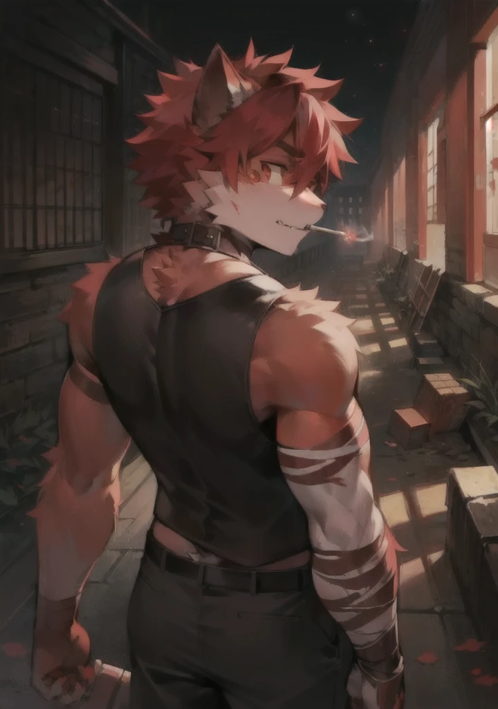 Scenes:Blood,Red,地板上全是Blood,Three corpses,In ruins,indoogure:Male cat,Red hair,Hairy all over,Red eyes,身上布满Blood,Standing,Holding a bloody machete,With a cigarette in his mouth,bandage,Turn around,Look directly at the audience,Red fluffy tail。(Ultra-clear,4k,High quality,Very high quality。figure焦点,Detailed image quality。Looks scary, handsome and cute)