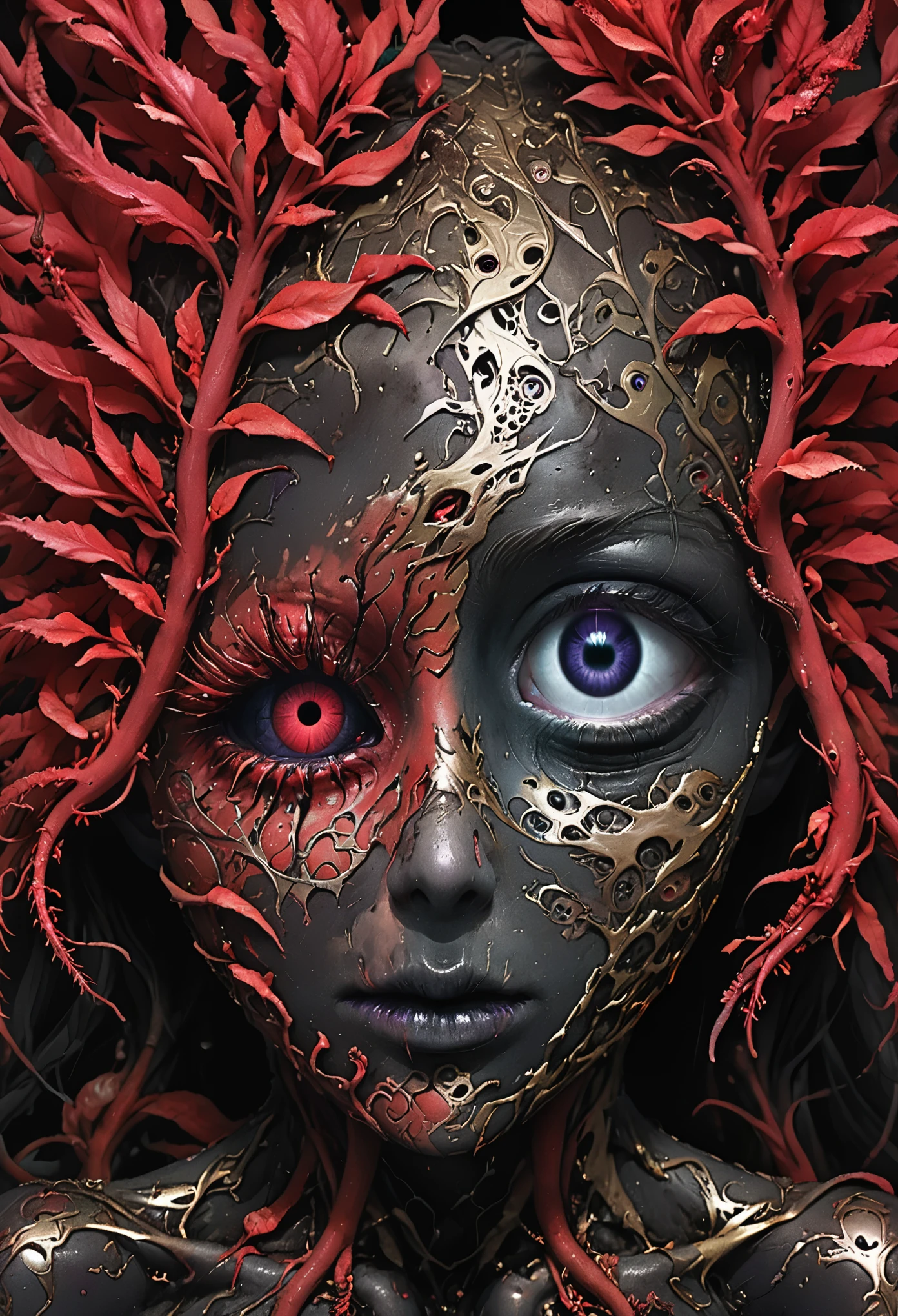 (wide_shot:1.4),(full_shot:1.4),(in style of Aleksi Briclot:1.3),character concept design,in this surreal horror image,(facial parasitism:1.2),(facial destruction:1.1),(a young girl appears to be parasitized by a strange plant and mold virus:1.1),(her facial features have been distorted and abstracted:1.2),it's like experiencing an unknown force of nature, BREAK her eyes opened to flaming flowers,flowers grow unchecked,(cover the entire right half of the face from the eyeball:1.2),it's like the anger that remains after being eroded by a virus,hair is like a flourishing plant or flower,a strange pattern is formed,the gold motifs and decorations seem to be parasitized by a virus,distorted and spread over her clothes,like vines entwined,flowers bloom,around her,blurred patterns of flowers and plants seem to come to life, BREAK echoes the virus pattern on her body,a weird ecosystem has been formed,the dark background highlights the loneliness and vulnerability of the girl,(atmosphere of horror:1.3),(black:1.3),(dark:1.2),(purple:1.1),(metal confinement:1.1),(dark purple:1.1),(asymmetry:1.4),(supernatural horror powers:1.7),intravenous plants,thick rhizomes entwined,(covering_eyes:1.4),(metalsviruses invade plants:0.9),(eerie red plants:1.4),(dark and dirty faces:1.5),(enlarged mutation of the right eye:1.8),(a metallic pattern:1.6),(does not fit into a human face:1.3),